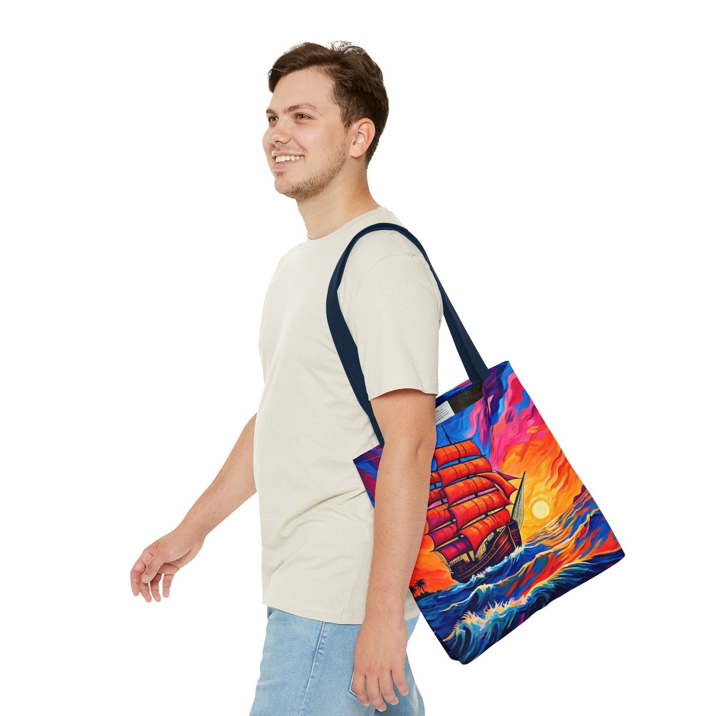 Crimson Voyage Tote Bag, Red Sailboat At Sunset Artistic Ocean Design, Nautical Reusable Tote For Beach, Travel, And Everyday Use
