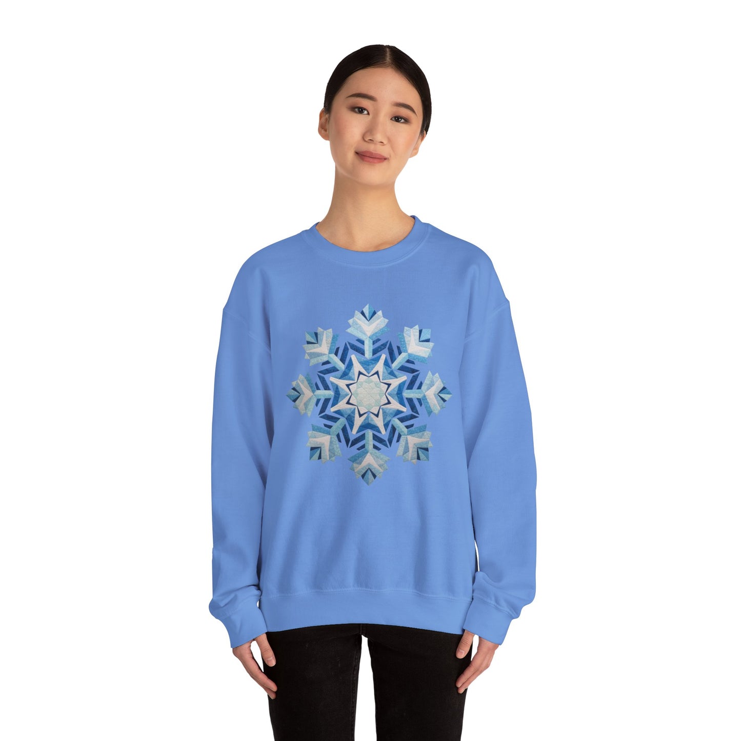 Faux Patchwork Snowflake Sweatshirt, Winter Snowflake Crewneck Unisex, Cozy Holiday Patchwork Sweatshirt, Nordic Snowflake Winter Pullover