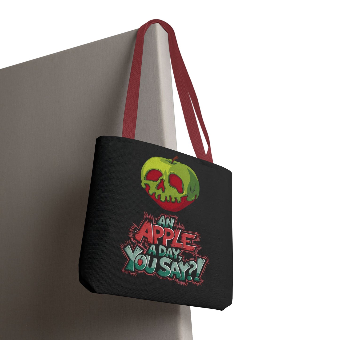 Spooky Halloween Tote Bag – Poison Apple Design – Funny Gothic Tote – Trick or Treat Bag – Creepy Apple Pun Gift – Black Tote Bag