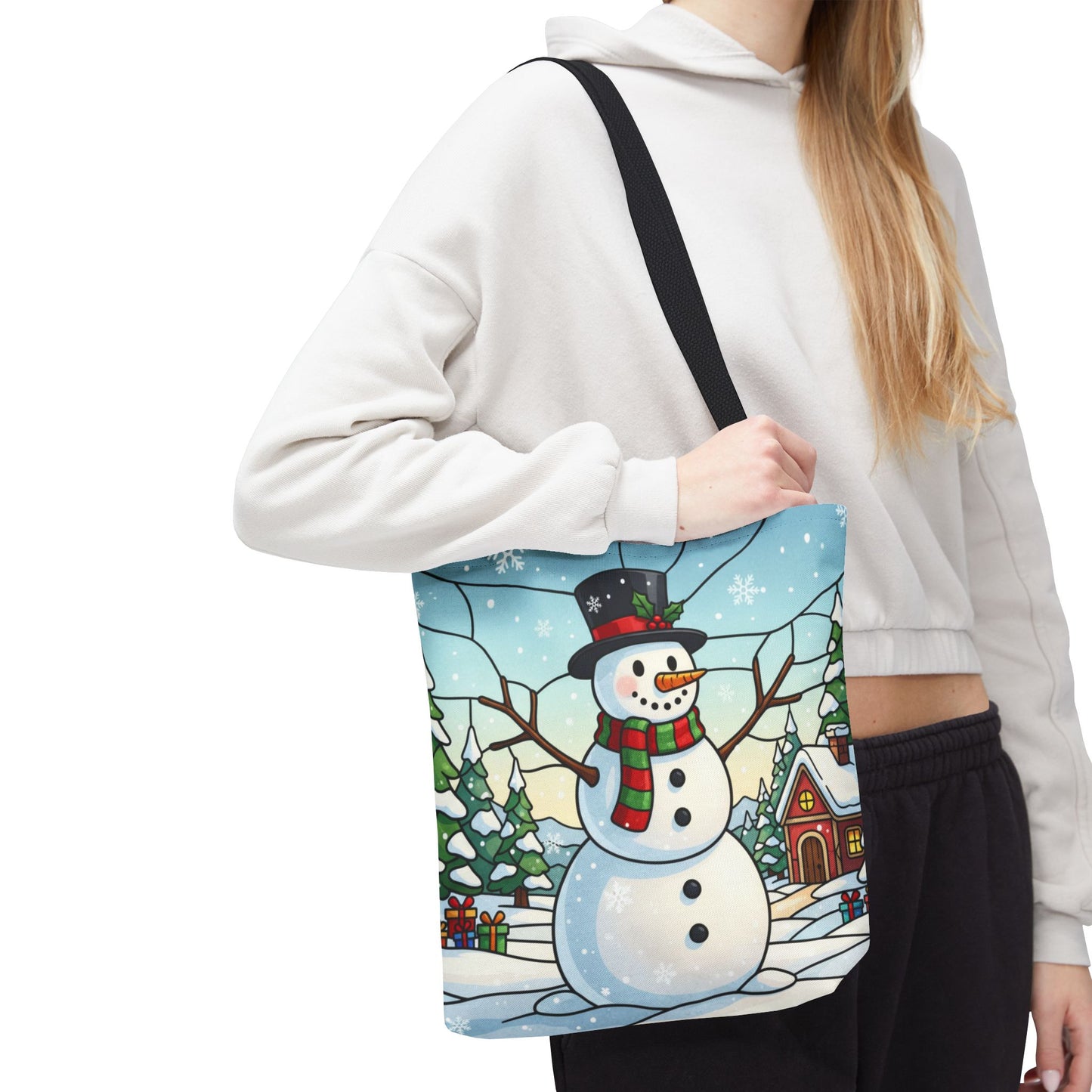 Stained Glass Snowman Christmas Tote Bag, Holiday Art Tote, Festive Winter Gift Bag, Colorful Christmas Scene Reusable Shopping Bag