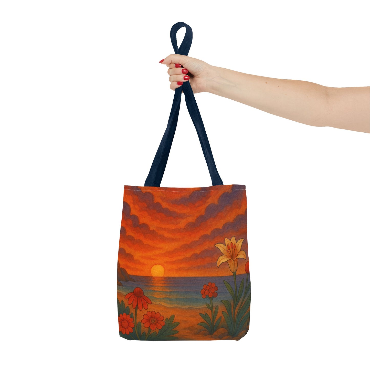 Retro Sunset Tote Bag with Wildflowers – Vibrant Floral Landscape Art, Nature-Inspired Reusable Bag, 70s Style Summer Accessory