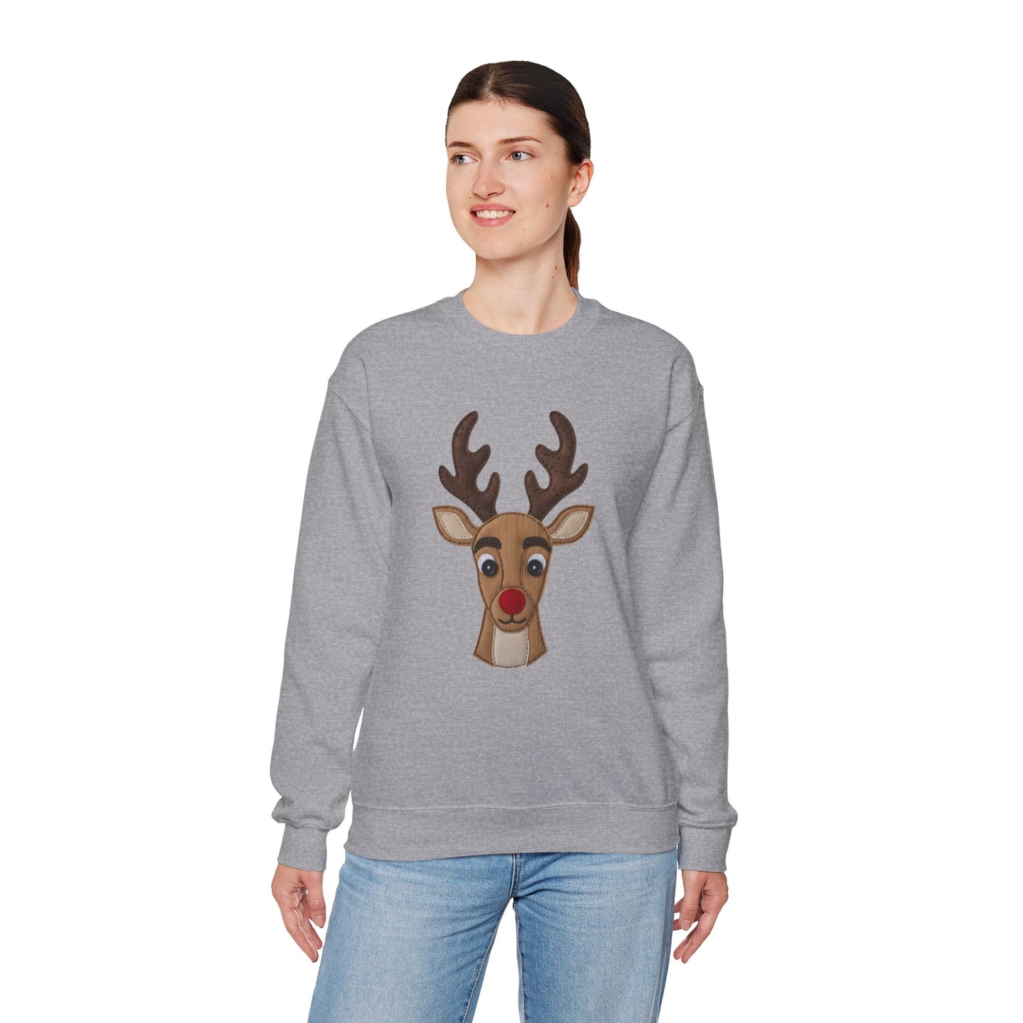 Faux Patchwork Rudolph Sweatshirt, Cute Reindeer Christmas Crewneck, Cozy Holiday Pullover, Winter Reindeer Sweater, Xmas Gift for Women