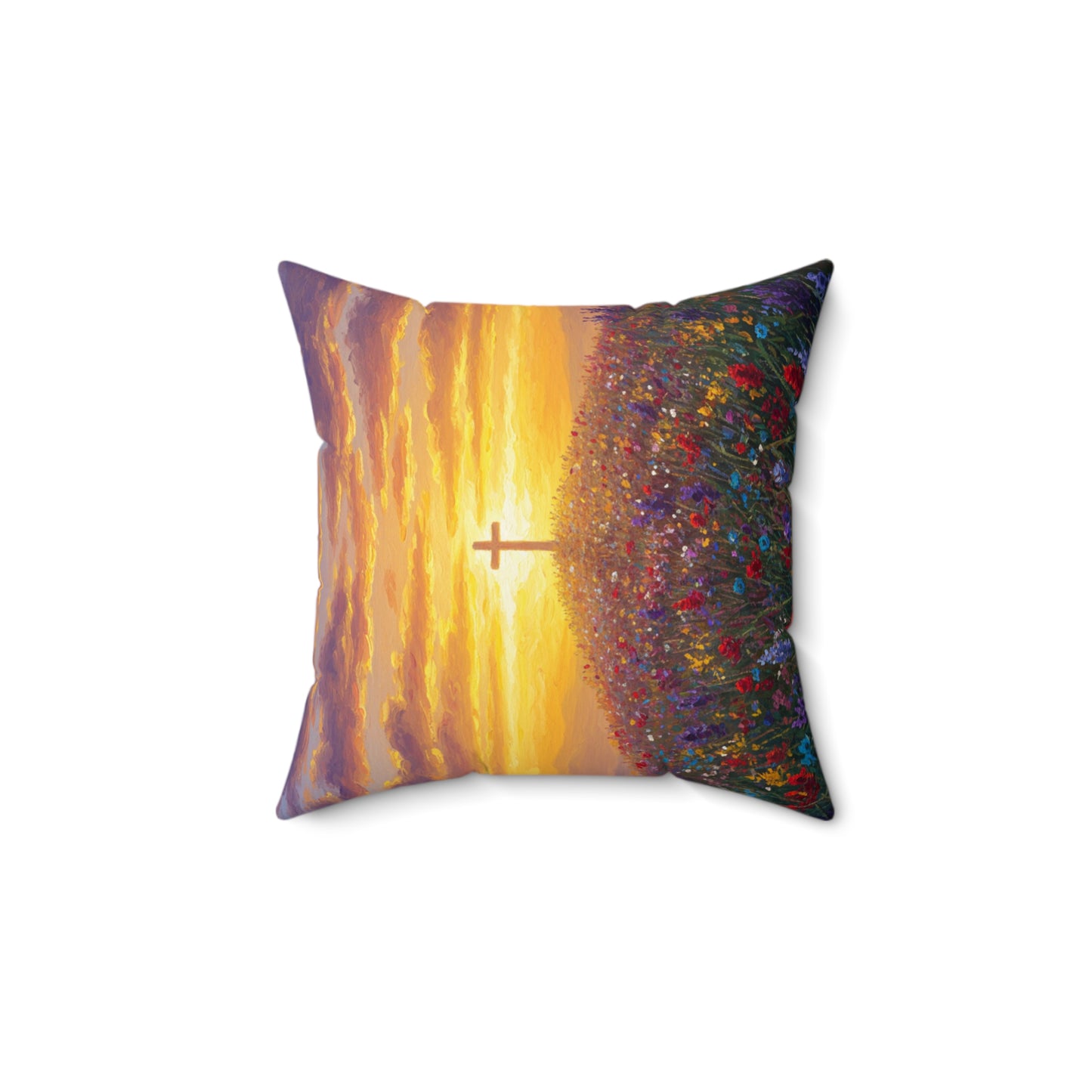 Square Pillow - Monet Style Cross on Hill Painting Christian Pillow Religious Decor Faith Based Throw Gift for Believers