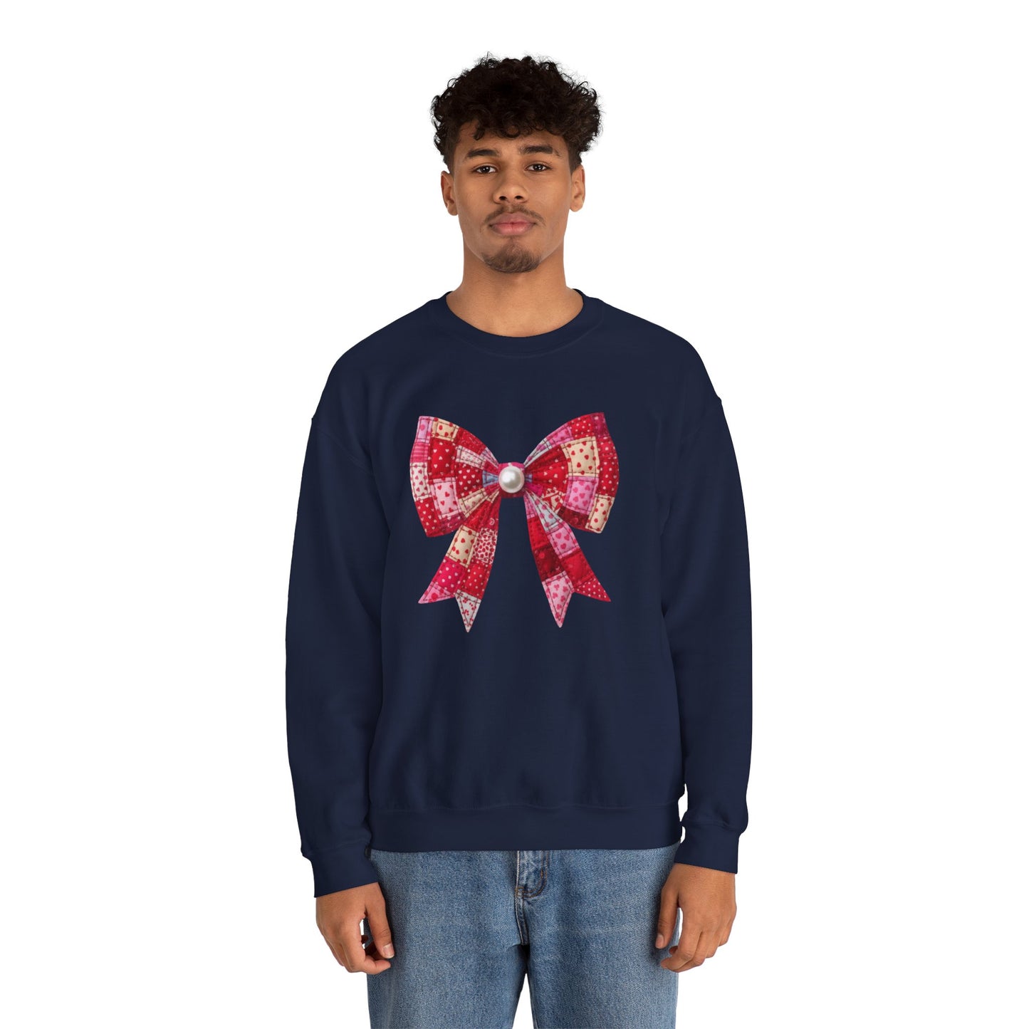 Faux Patchwork Bow Sweatshirt, Quilted Look Bow Crewneck, Pearl Bow Pullover, Cozy Coquette Sweatshirt, Girly Valentine Gift