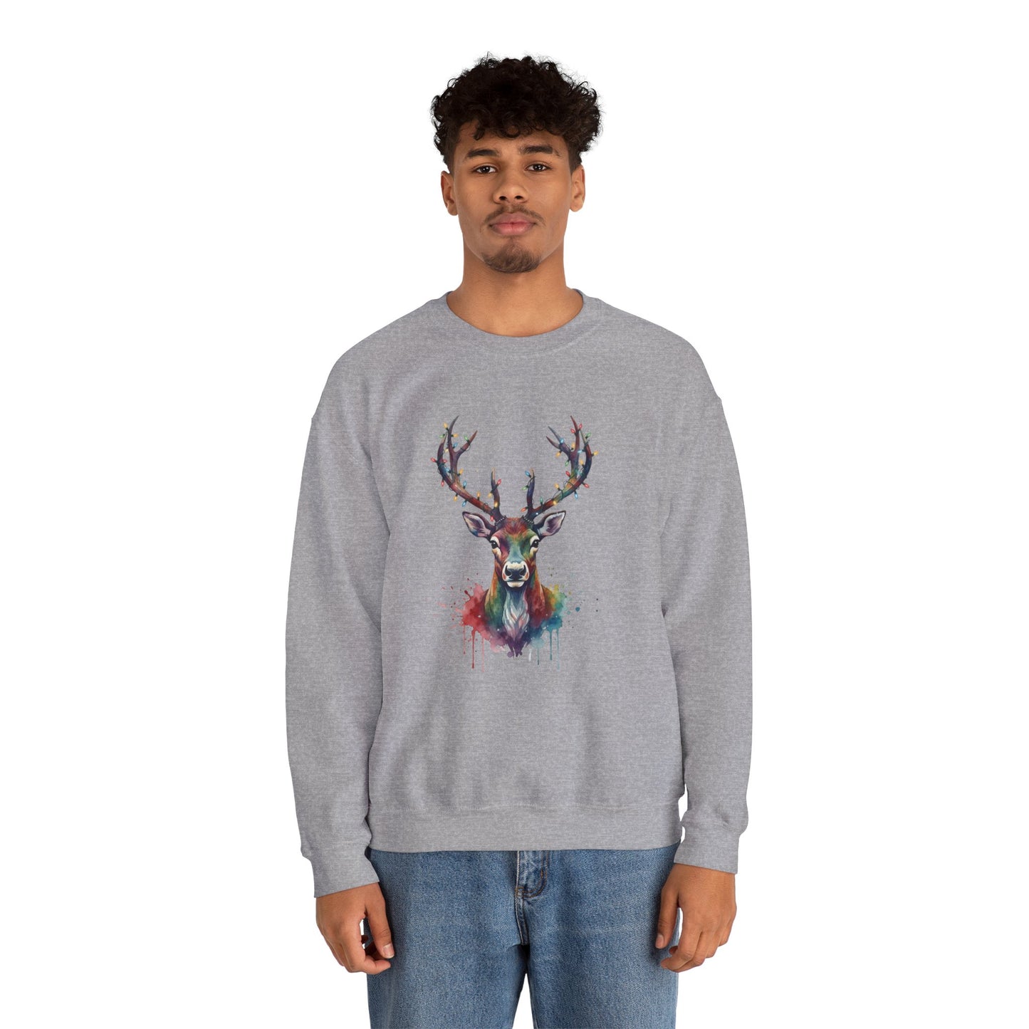 Colorful Reindeer Christmas Sweatshirt, Holiday Deer Lights Sweater, Watercolor Winter Crewneck, Festive Cozy Gift For Him Or Her