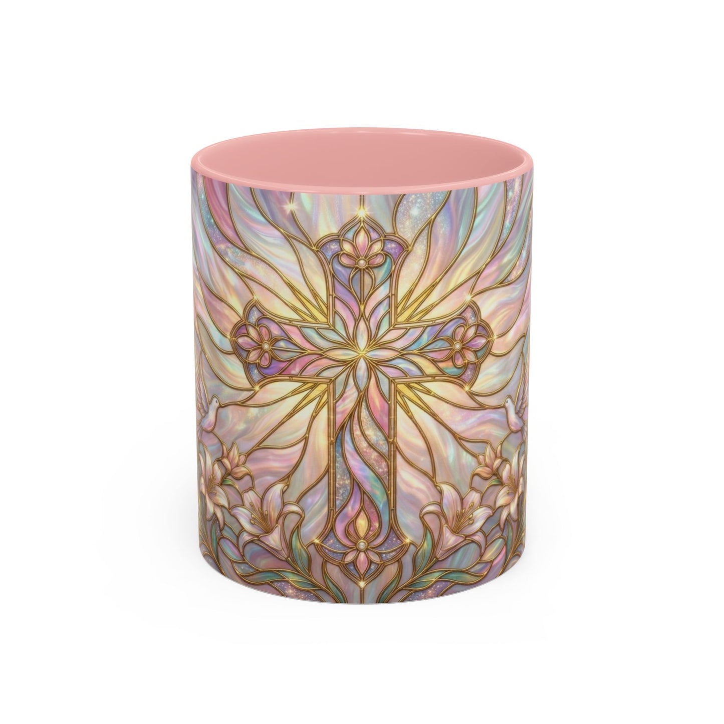Stained Glass Cross Mug, Easter Lily Coffee Cup, Christian Gift for Women, Pastel Religious Drinkware, Dove and Faith Cup, Spiritual