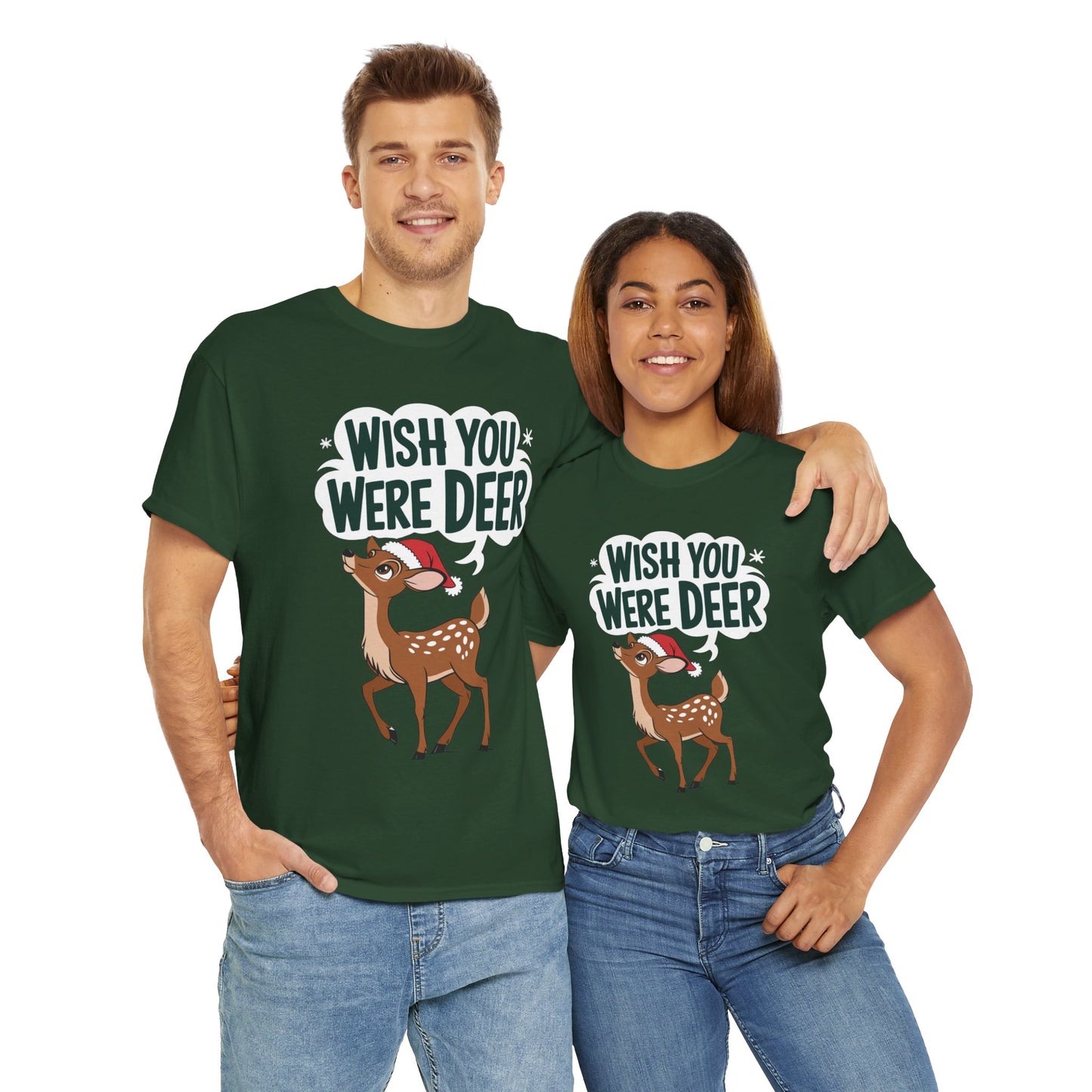 Wish You Were Deer Funny Christmas T-Shirt, Cute Reindeer Holiday Tee, Pun Christmas Shirt, Festive Santa Hat Deer Graphic Tee Gift