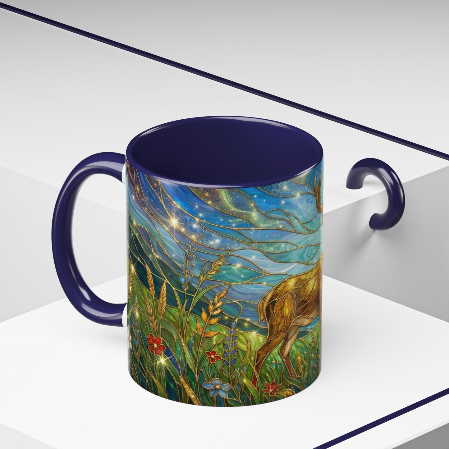 Stained Glass Deer Mug, Woodland Art Coffee Cup, Nature Forest Mug, Blue Green Gold Glass Style Mug, Gift For Nature Lovers Decor