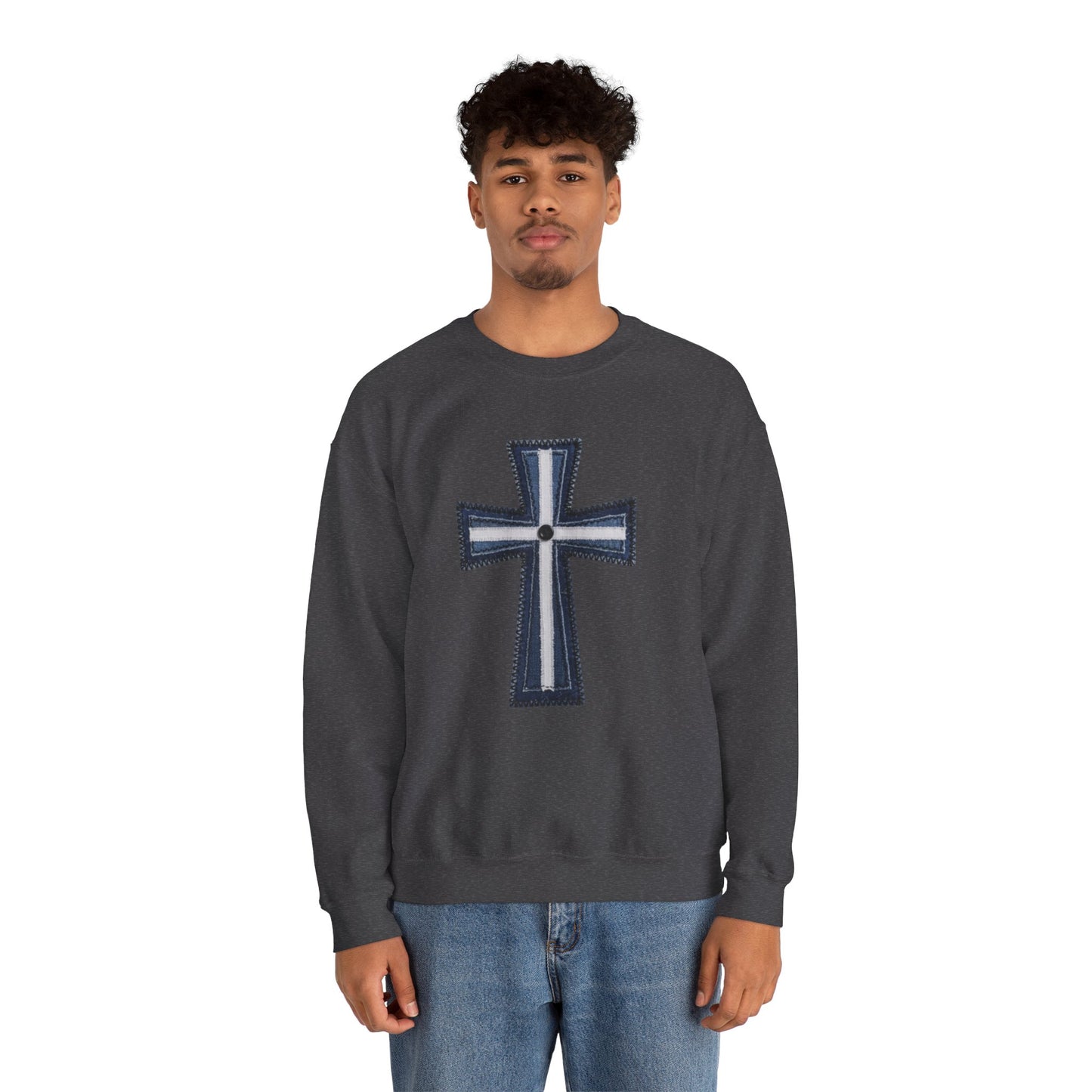 Faux Patchwork Cross Sweatshirt, Christian Patchwork Style Crewneck, Faith Gift for Women Men, Rustic Cross Sweatshirt, Religious Xmas Gift