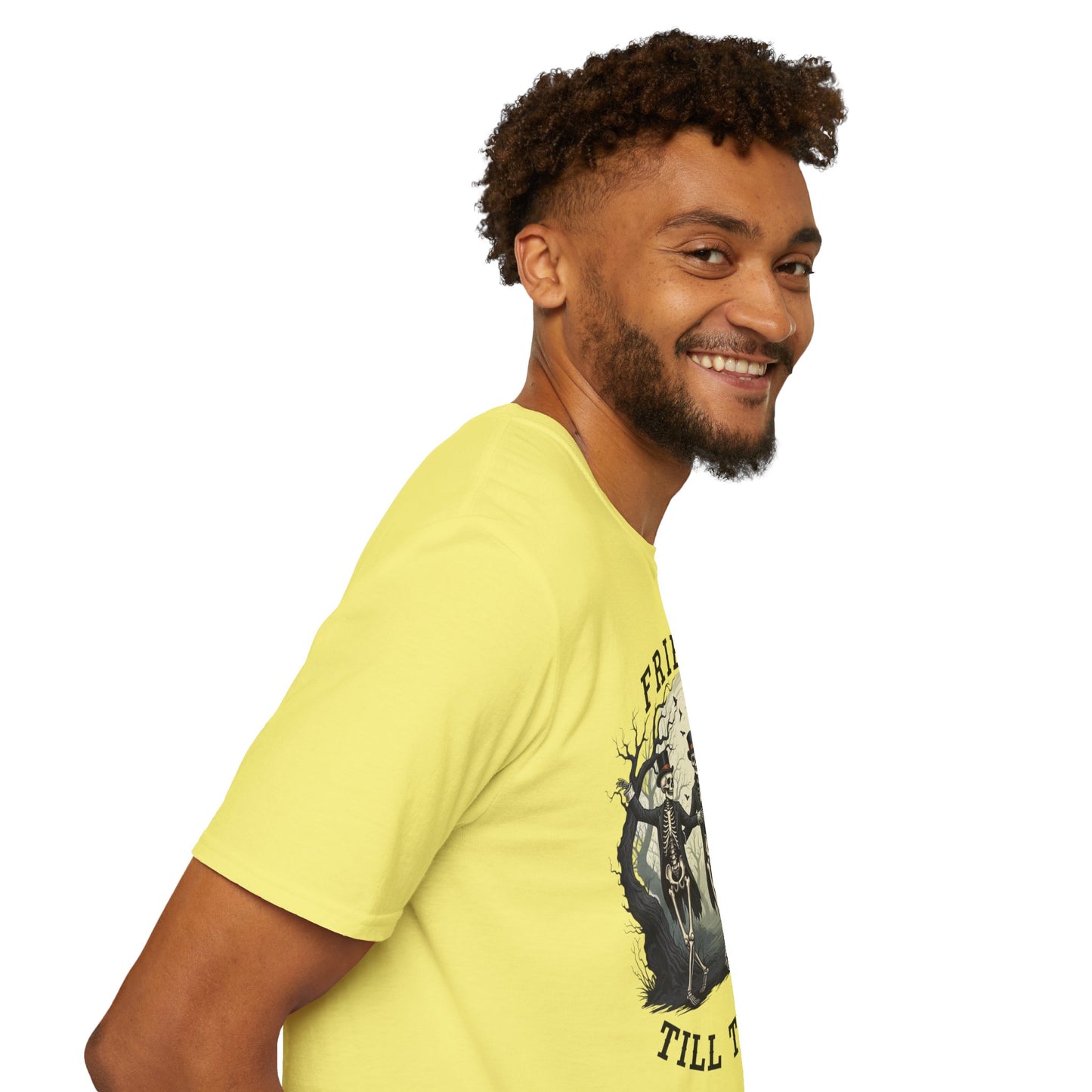Friends Till The End Skeleton Tee | Dancing Skeleton Friends Shirt | Halloween Gothic BFF Gift | Unisex Heather Grey Graphic T-Shirt
