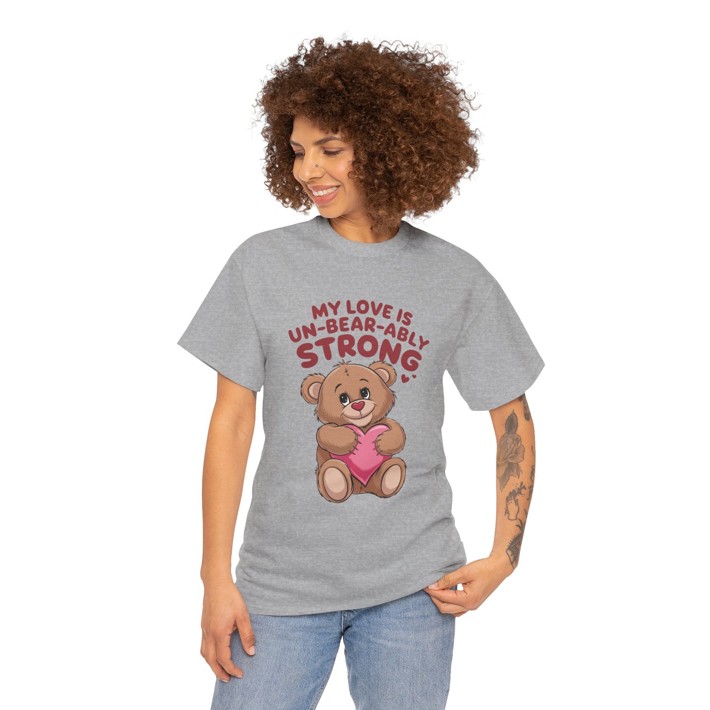 Un-Bear-ably Strong Valentine Shirt, Teddy Bear Heart Tee, Cute Love Graphic T-Shirt, Valentines Gift, Romantic Couple Top, Gift For Her