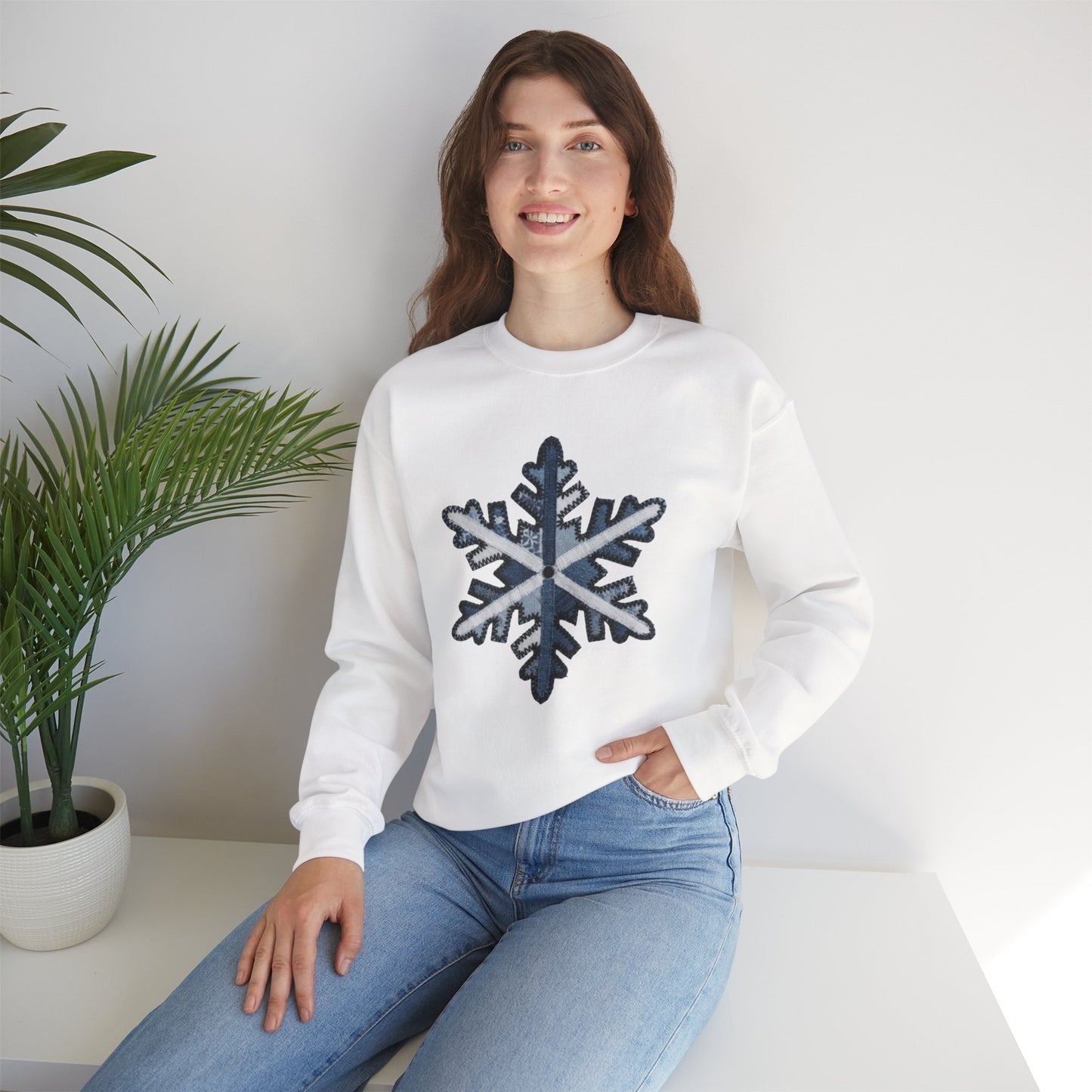 Faux Patchwork Snowflake Sweatshirt, Winter Snowflake Crewneck, Cozy Christmas Sweatshirt, Holiday Patchwork Sweater, Winter Gift