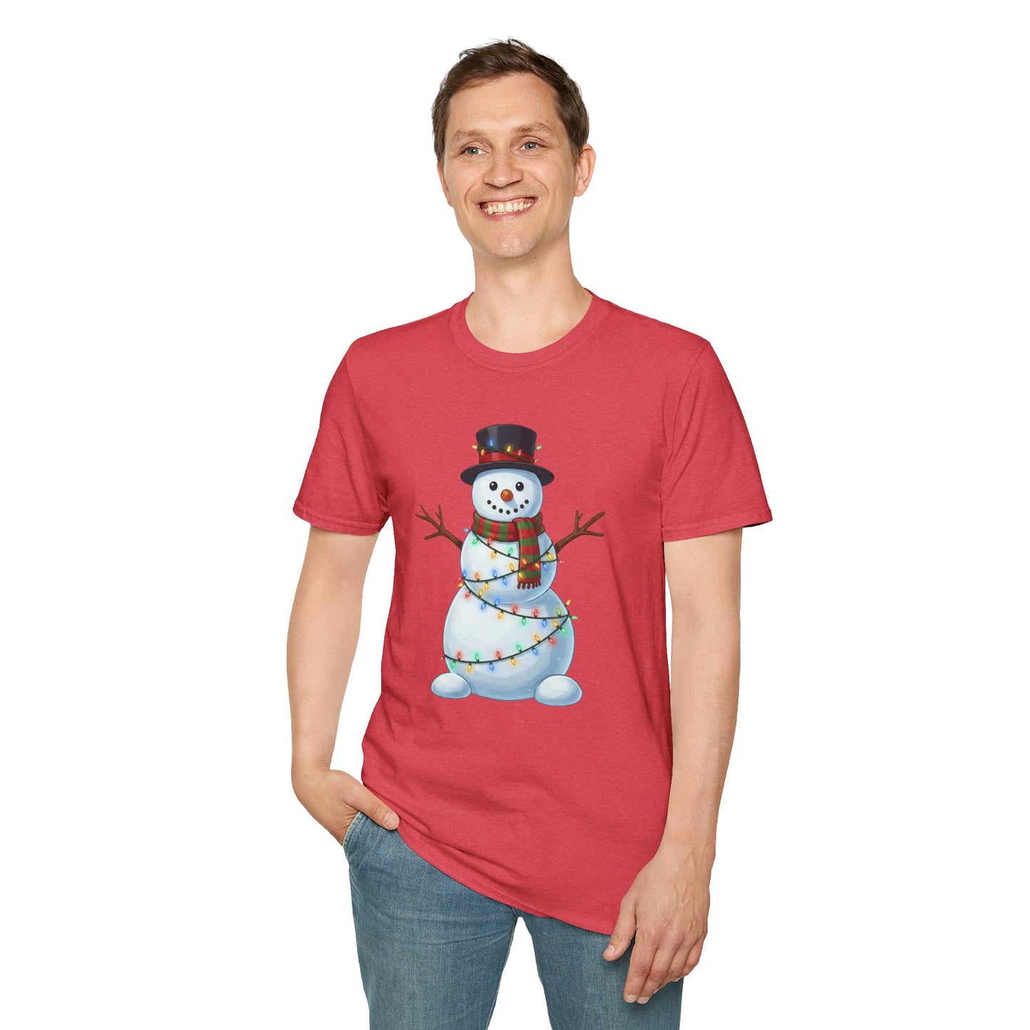 Cute Snowman Christmas Shirt, Snowman Wrapped in Christmas Lights Tee, Holiday Winter Snowman Top Hat Shirt, Funny Cozy Christmas T Shirt