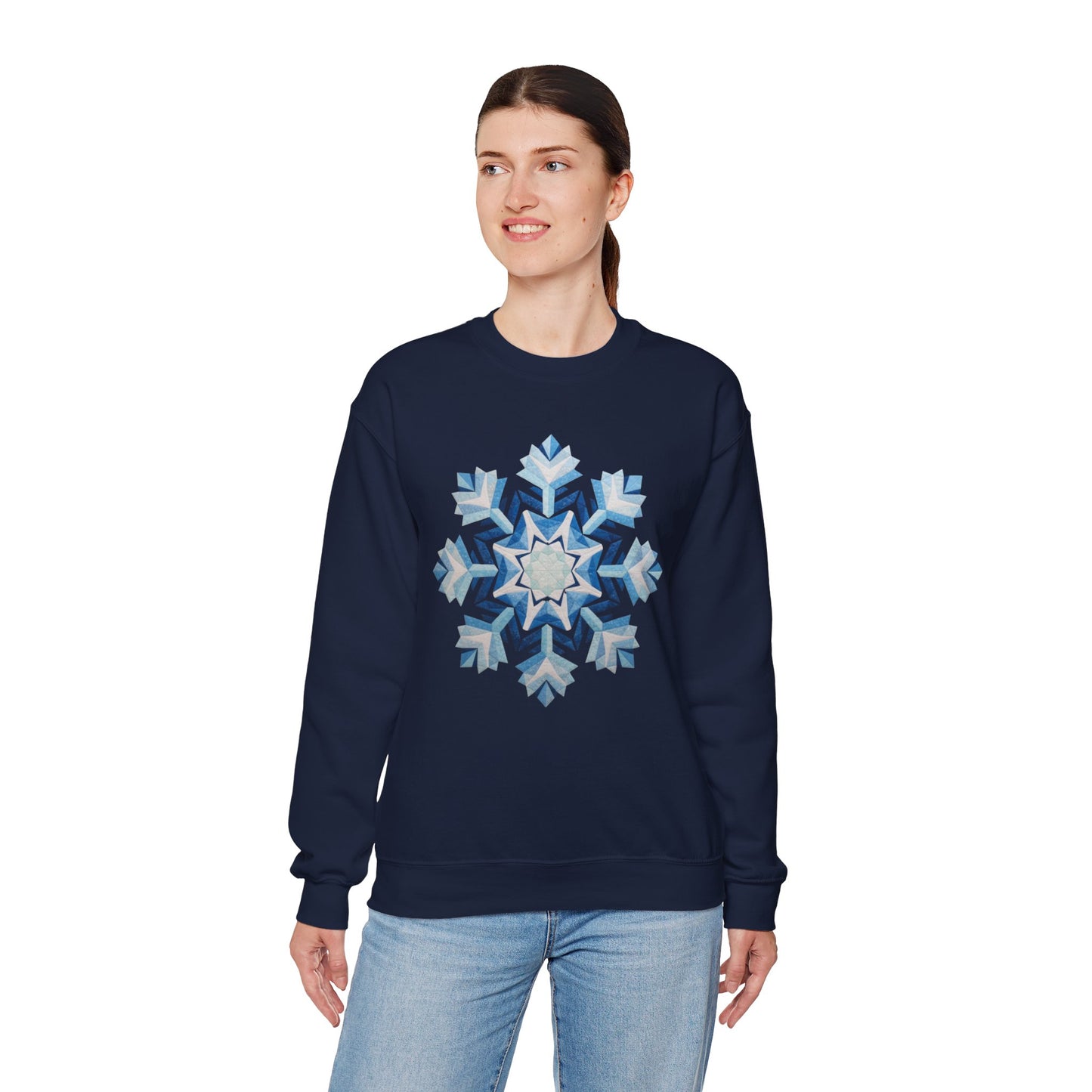 Faux Patchwork Snowflake Sweatshirt, Winter Snowflake Crewneck Unisex, Cozy Holiday Patchwork Sweatshirt, Nordic Snowflake Winter Pullover