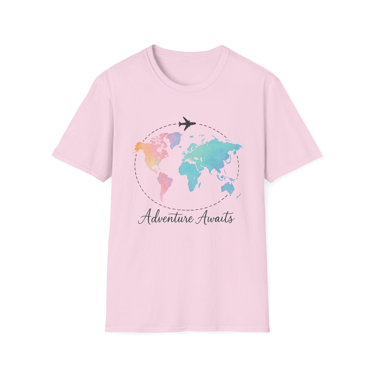 Adventure Awaits Travel Shirt | Watercolor World Map Tee for Women and Men | Wanderlust Gift for Travelers, Hikers, Campers, Beach Lovers