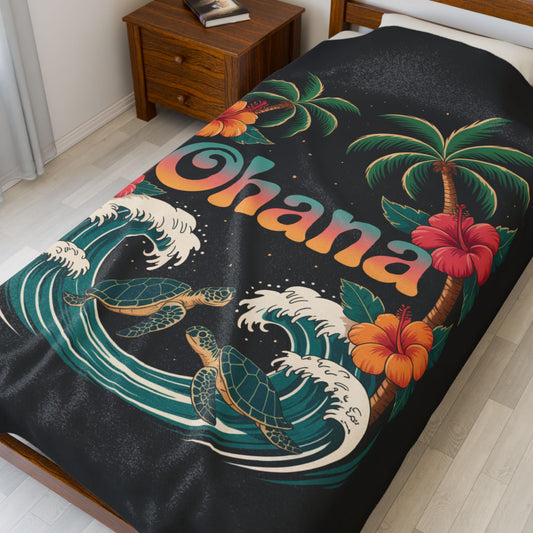Ohana Hawaiian Turtle Blanket - Tropical Beach Throw with Palm Trees & Hibiscus - Cozy Coastal Decor Gift - Soft Summer Bed Blanket