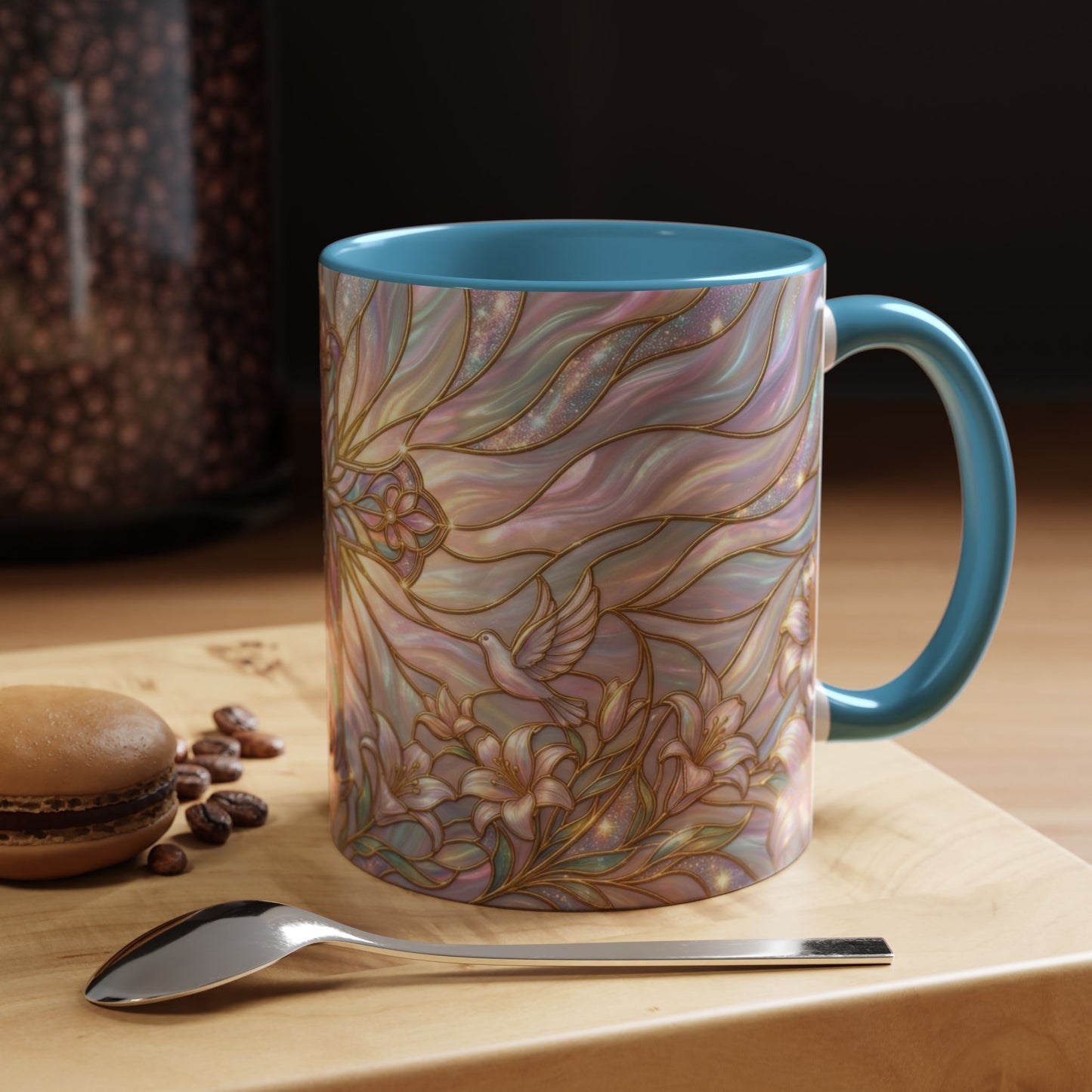 Stained Glass Cross Mug, Easter Lily Coffee Cup, Christian Gift for Women, Pastel Religious Drinkware, Dove and Faith Cup, Spiritual