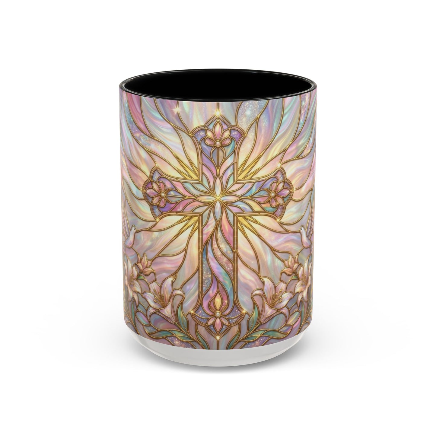 Stained Glass Cross Mug, Easter Lily Coffee Cup, Christian Gift for Women, Pastel Religious Drinkware, Dove and Faith Cup, Spiritual