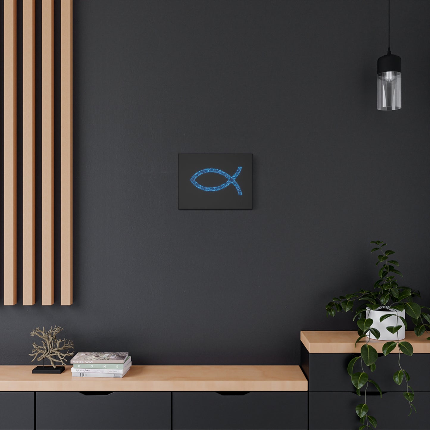 Blue Glitter Fish Symbol Matte Canvas Wall Art