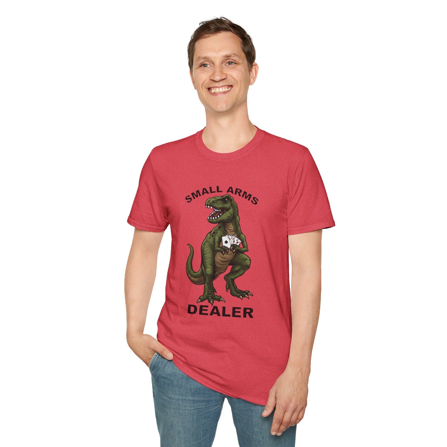 Funny Small Arms Dealer T-Rex Shirt, Dinosaur Pun Tee, Hilarious Graphic T-Shirt for Men & Women, Great Gift for Dad, Friend, or Coworker