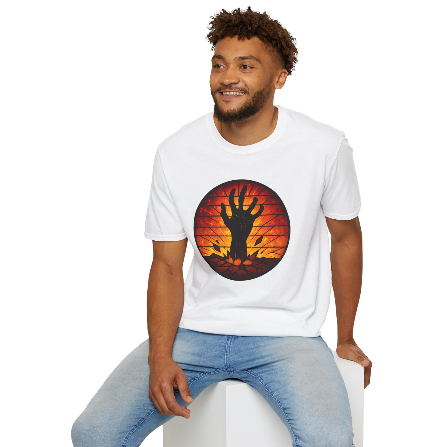 Zombie Hand Sunset T-Shirt – Stained Glass Horror Shirt, Halloween Gothic Tee, Undead Rising Art Tee, Creepy Spooky Shirt for Fall
