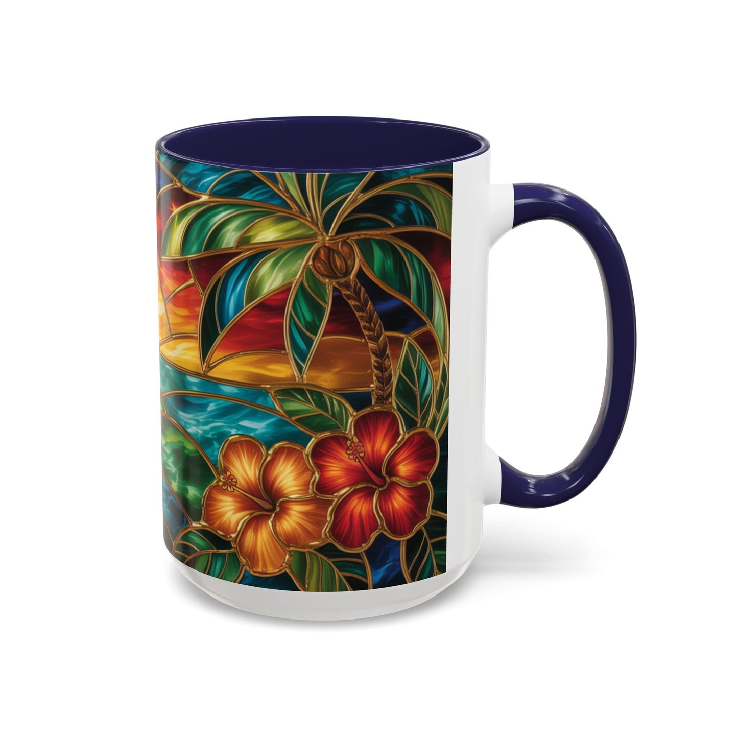 Stained Glass Tropical Sunset Mug, Hibiscus Flower Coffee Cup, Beach Lover Gift, Colorful Palm Tree Mug, Coastal Art Drinkware, Summer Cup