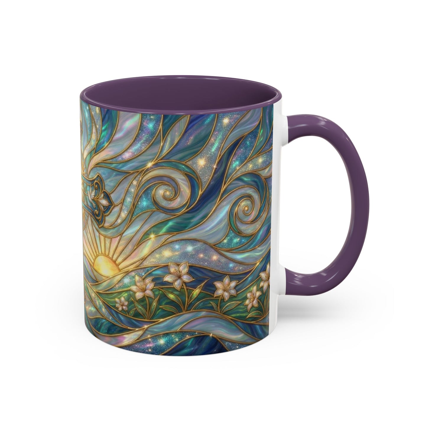 Stained Glass Cross Mug, Christian Coffee Cup, Religious Easter Gift, Celestial Faith Mug, Spiritual Sunrise Cup, Dove Lily Print Mug