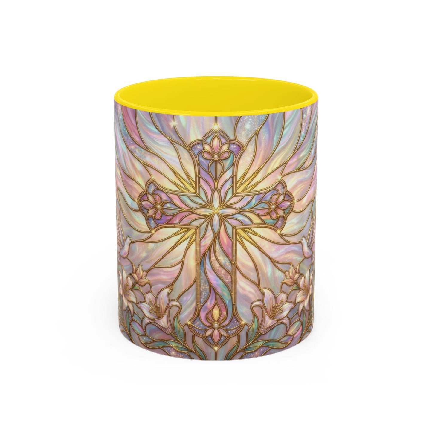 Stained Glass Cross Mug, Easter Lily Coffee Cup, Christian Gift for Women, Pastel Religious Drinkware, Dove and Faith Cup, Spiritual