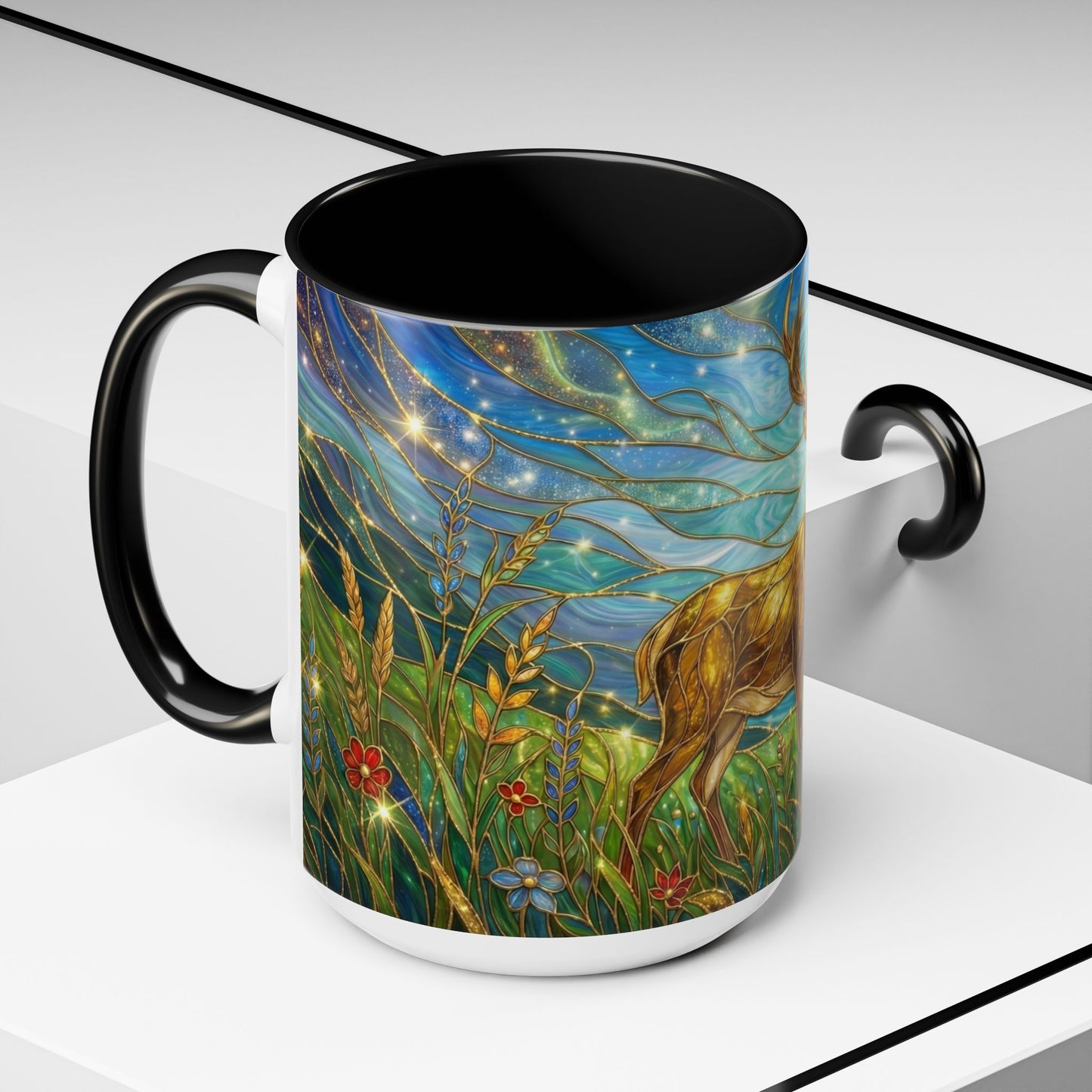 Stained Glass Deer Mug, Woodland Art Coffee Cup, Nature Forest Mug, Blue Green Gold Glass Style Mug, Gift For Nature Lovers Decor