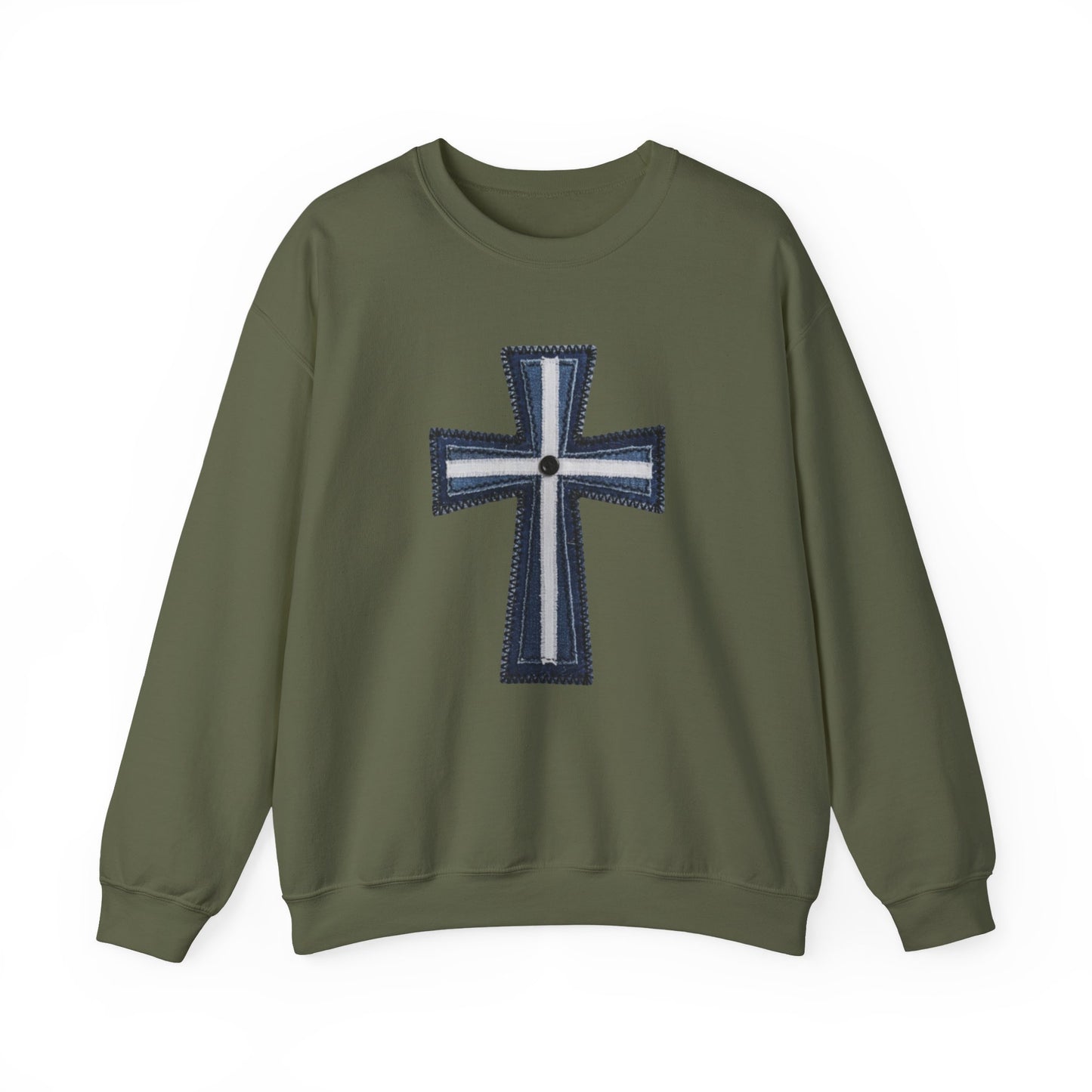 Faux Patchwork Cross Sweatshirt, Christian Patchwork Style Crewneck, Faith Gift for Women Men, Rustic Cross Sweatshirt, Religious Xmas Gift