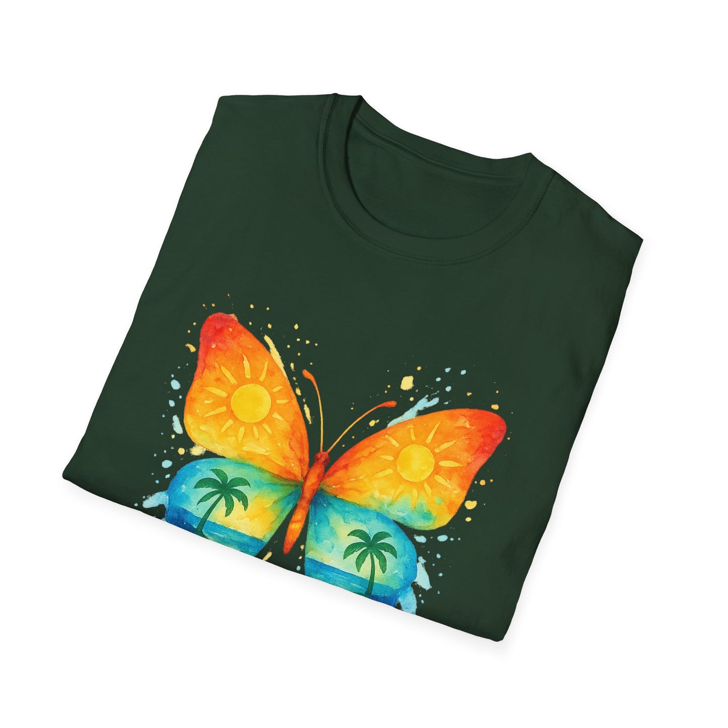 Butterfly Sunset Beach Tee - Ocean & Palm Watercolor Butterfly T-Shirt, Coastal Boho Graphic, Nature Lover Gift, Unisex Casual Tee
