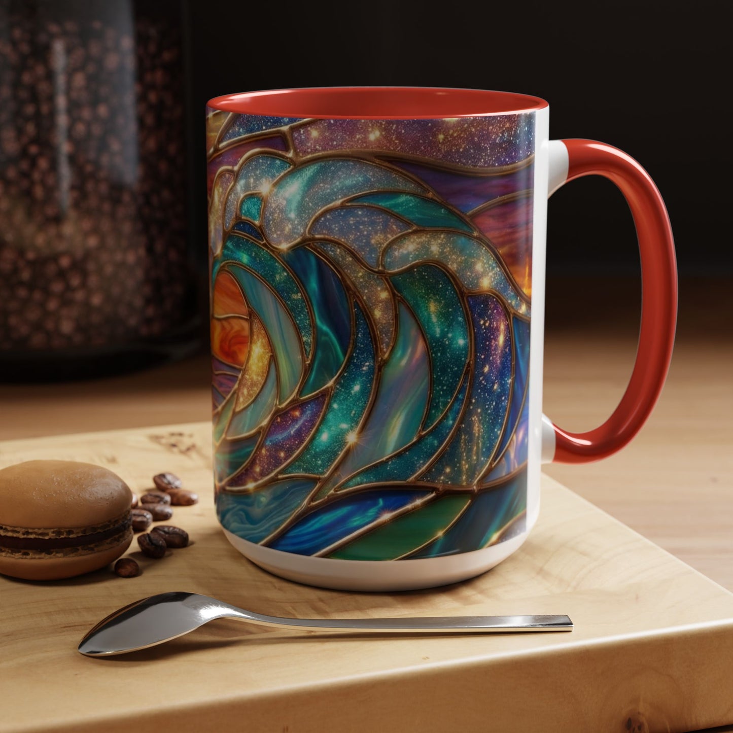 Stained Glass Wave Mug, Cosmic Ocean Coffee Cup, Celestial Sunrise Tea Mug, Surfer Beach Decor Gift, Starry Sea Art, Ocean Lover Cup
