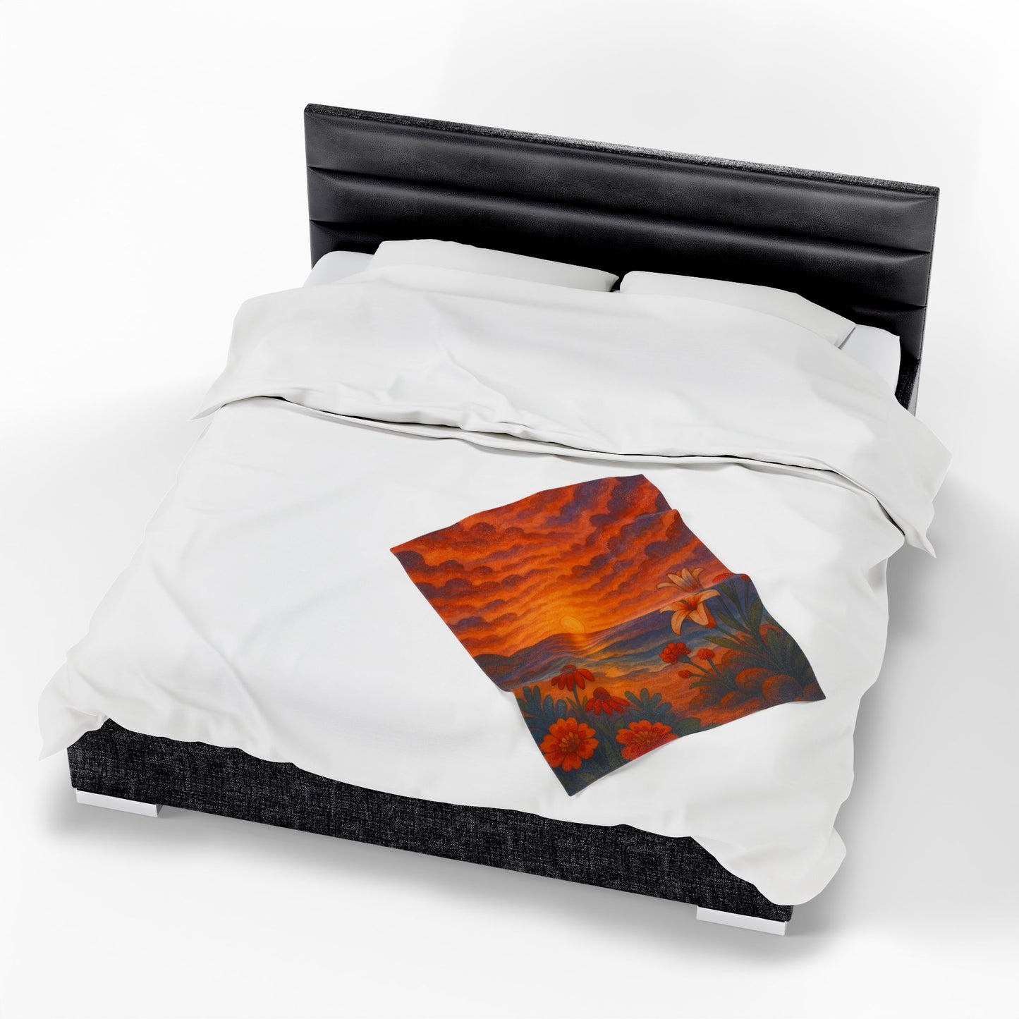 Sunset Floral Blanket – Cozy Beach Sunset Throw with Flowers | Colorful Velveteen Plush Blanket for Couch, Bed, or Gift