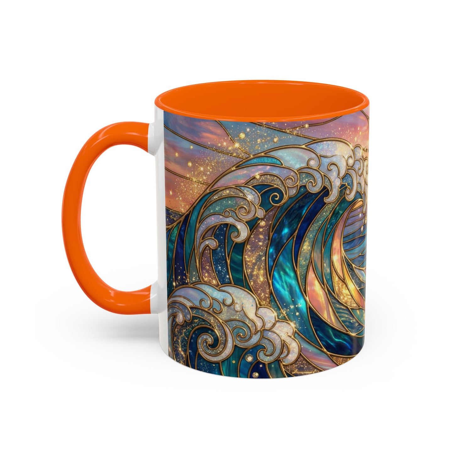 Stained Glass Ocean Wave Mug, Sunrise Beach Coffee Cup, Japanese Art Gift, Coastal Decor Kitchen, Mosaic Sea Tea Cup, Blue Gold Nature Lover