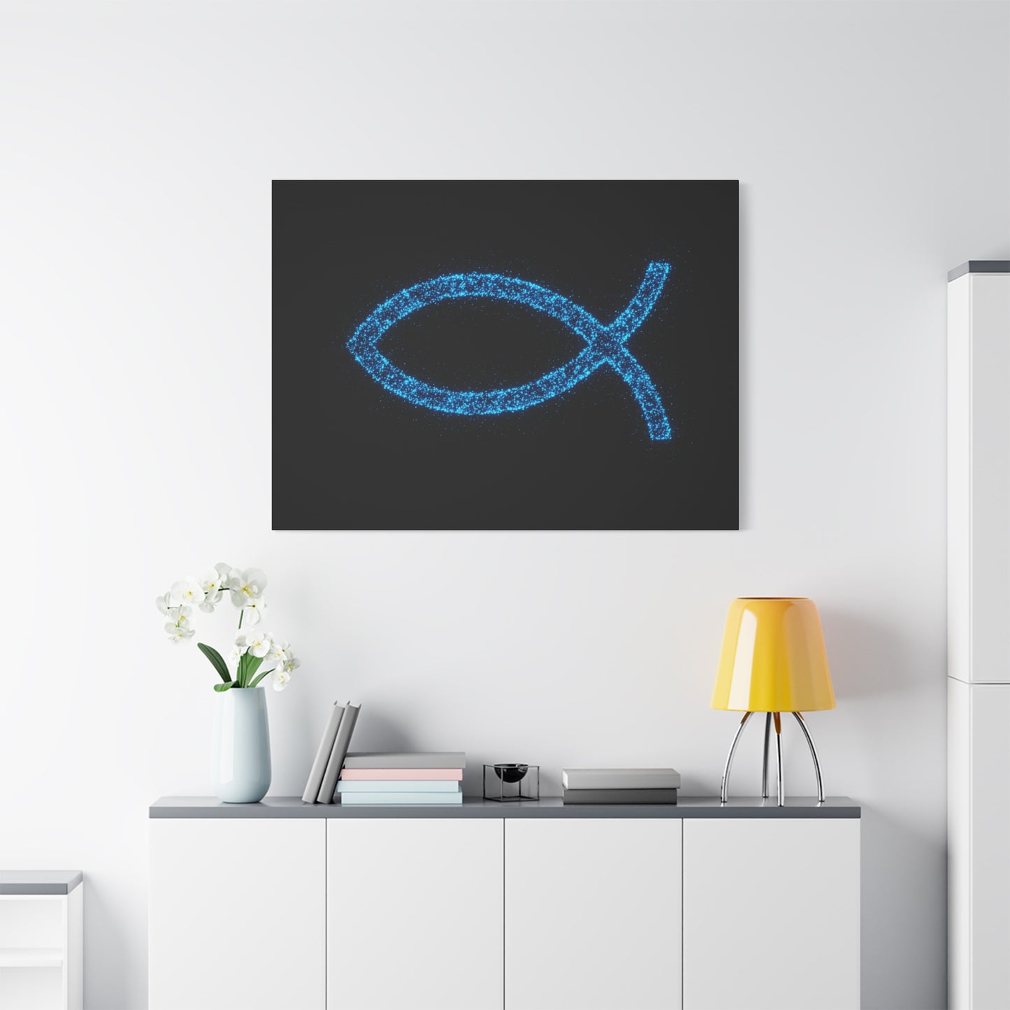 Blue Glitter Fish Symbol Matte Canvas Wall Art