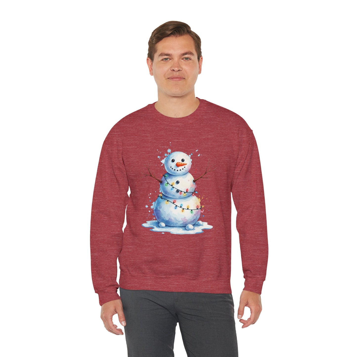 Watercolor Snowman Christmas Sweatshirt, Cute Snowman Crewneck for Winter, Holiday Lights Snowman Sweater, Cozy Unisex Christmas Gift