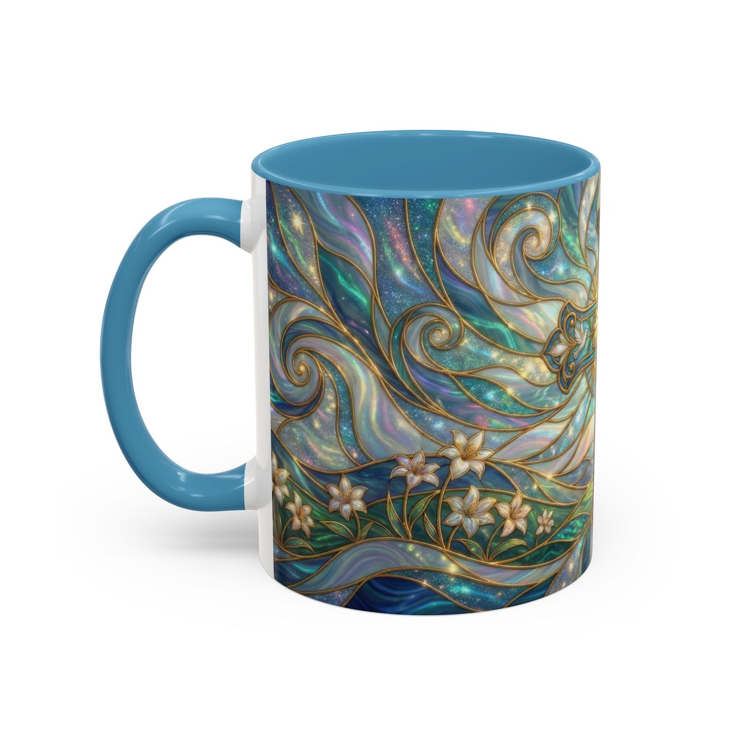 Stained Glass Cross Mug, Christian Coffee Cup, Religious Easter Gift, Celestial Faith Mug, Spiritual Sunrise Cup, Dove Lily Print Mug