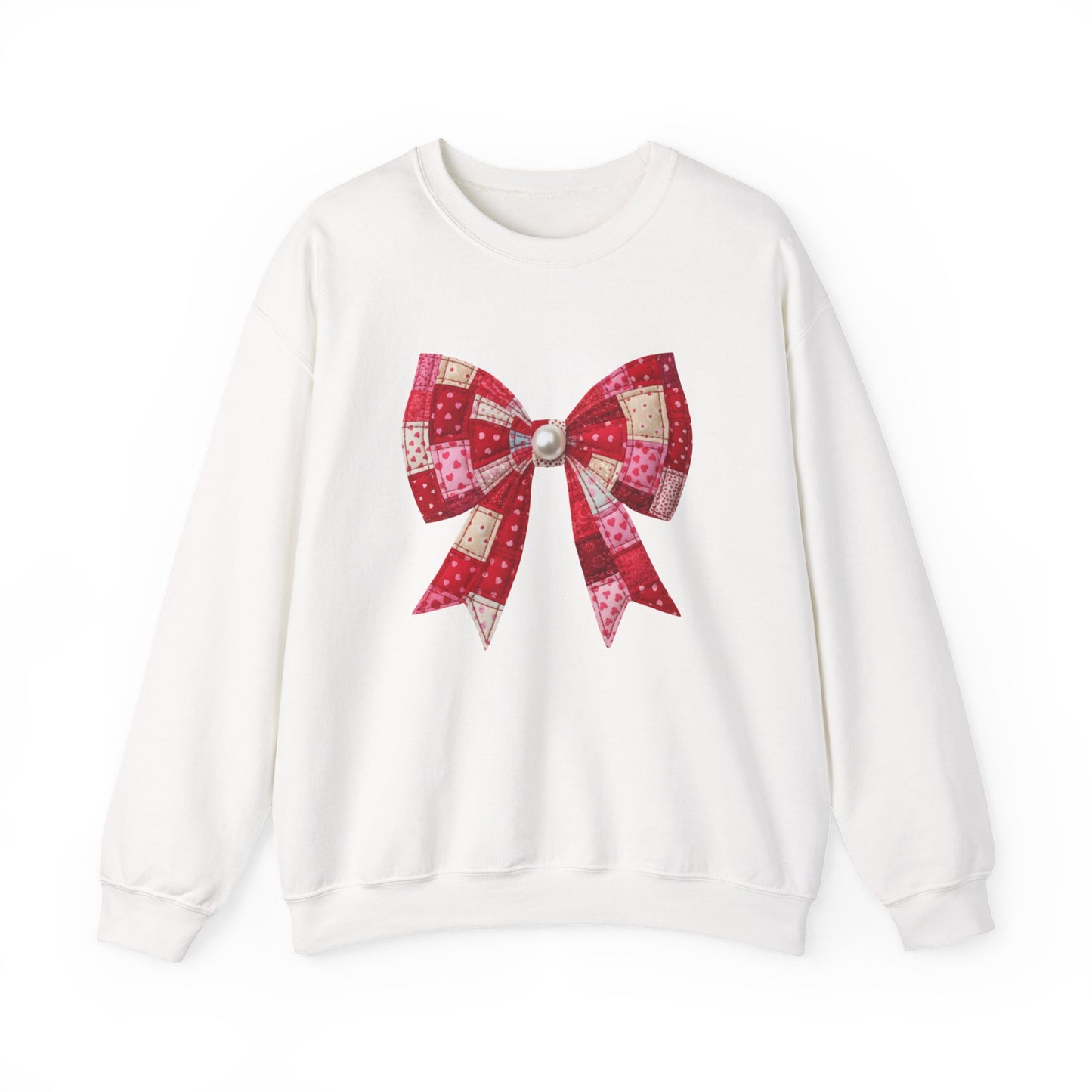 Faux Patchwork Bow Sweatshirt, Quilted Look Bow Crewneck, Pearl Center Bow Pullover, Cozy Coquette Sweatshirt, Girly Gift