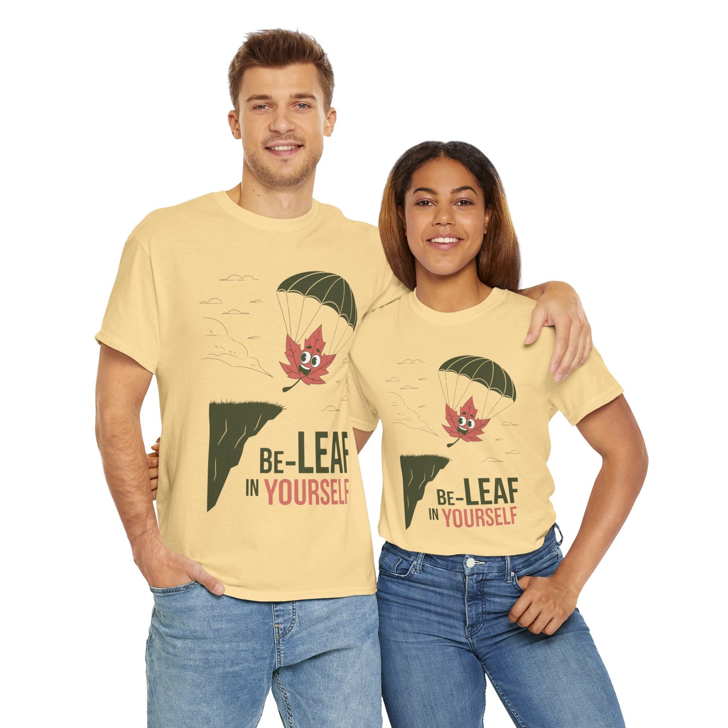 Be-Leaf In Yourself Maple Leaf Parachute T-Shirt | Funny Motivational Nature Graphic Tee | Self-Love Fall Autumn Shirt | Outdoorsy Gift