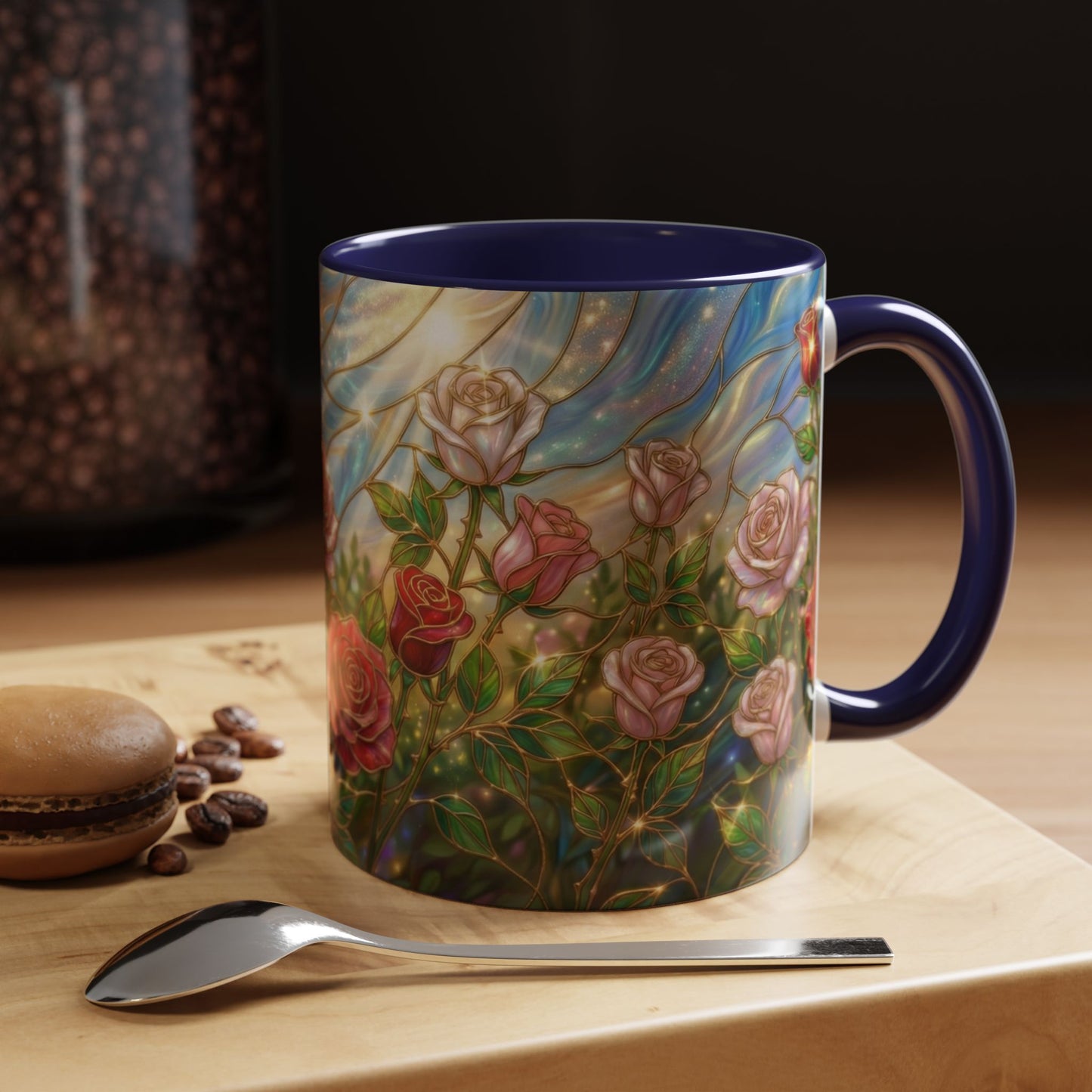 Stained Glass Rose Garden Mug, Floral Rose Coffee Cup, Elegant Flower Mug, Blue Green Gold Glass Style Design, Romantic Gift For Her