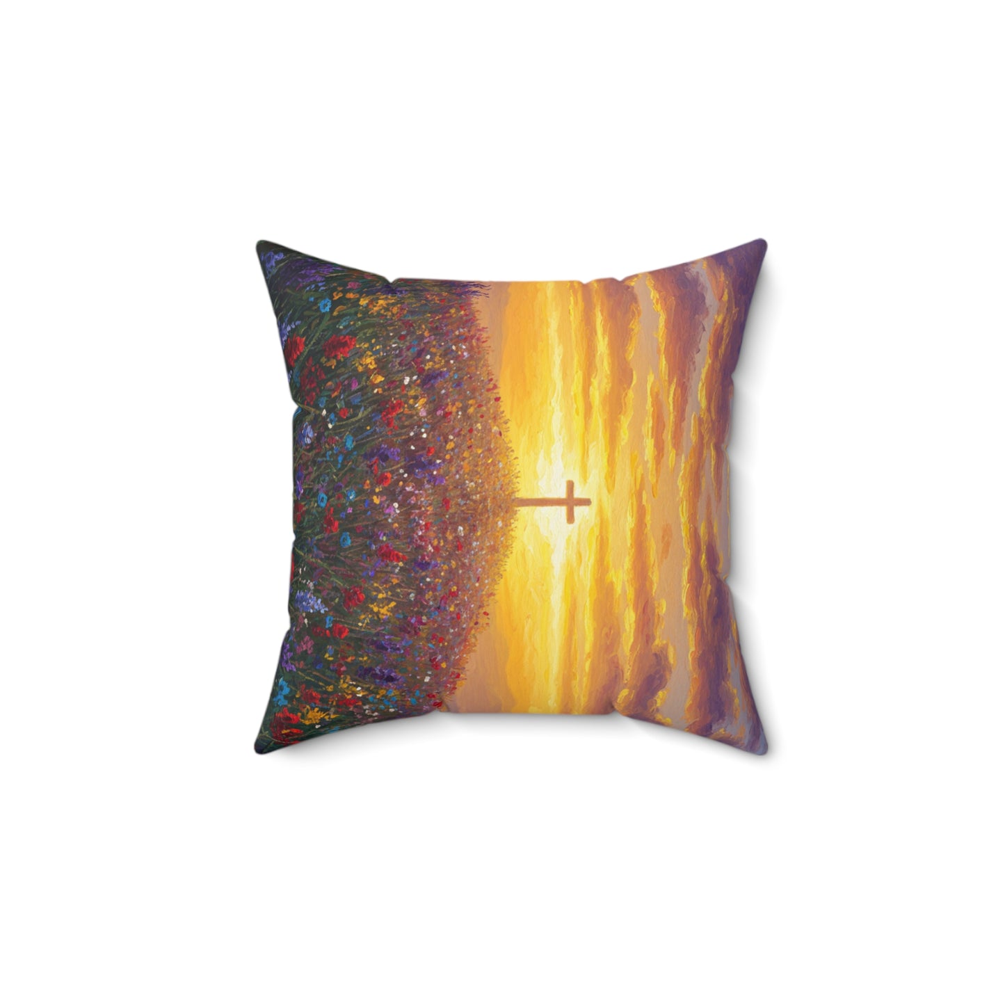 Square Pillow - Monet Style Cross on Hill Painting Christian Pillow Religious Decor Faith Based Throw Gift for Believers