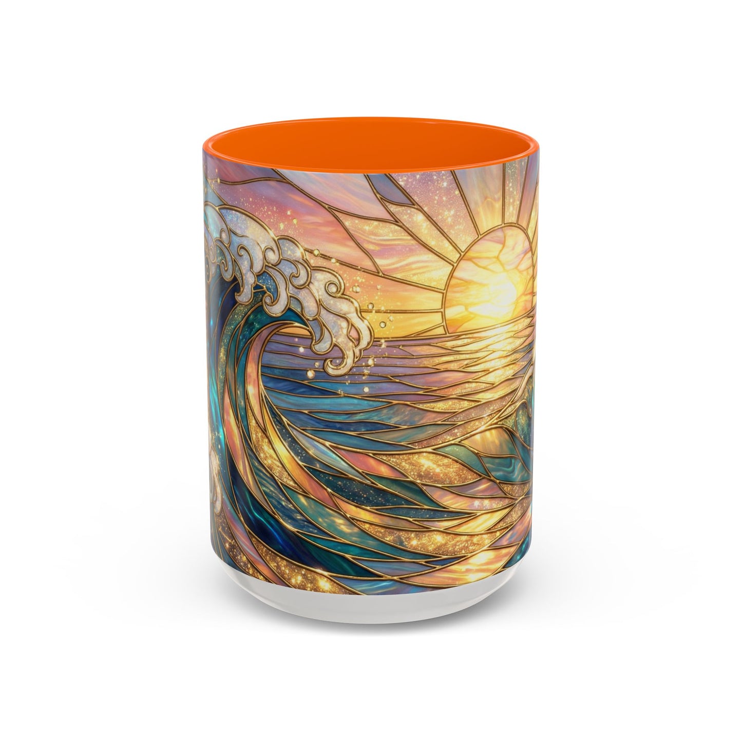 Stained Glass Ocean Wave Mug, Sunrise Beach Coffee Cup, Japanese Art Gift, Coastal Decor Kitchen, Mosaic Sea Tea Cup, Blue Gold Nature Lover