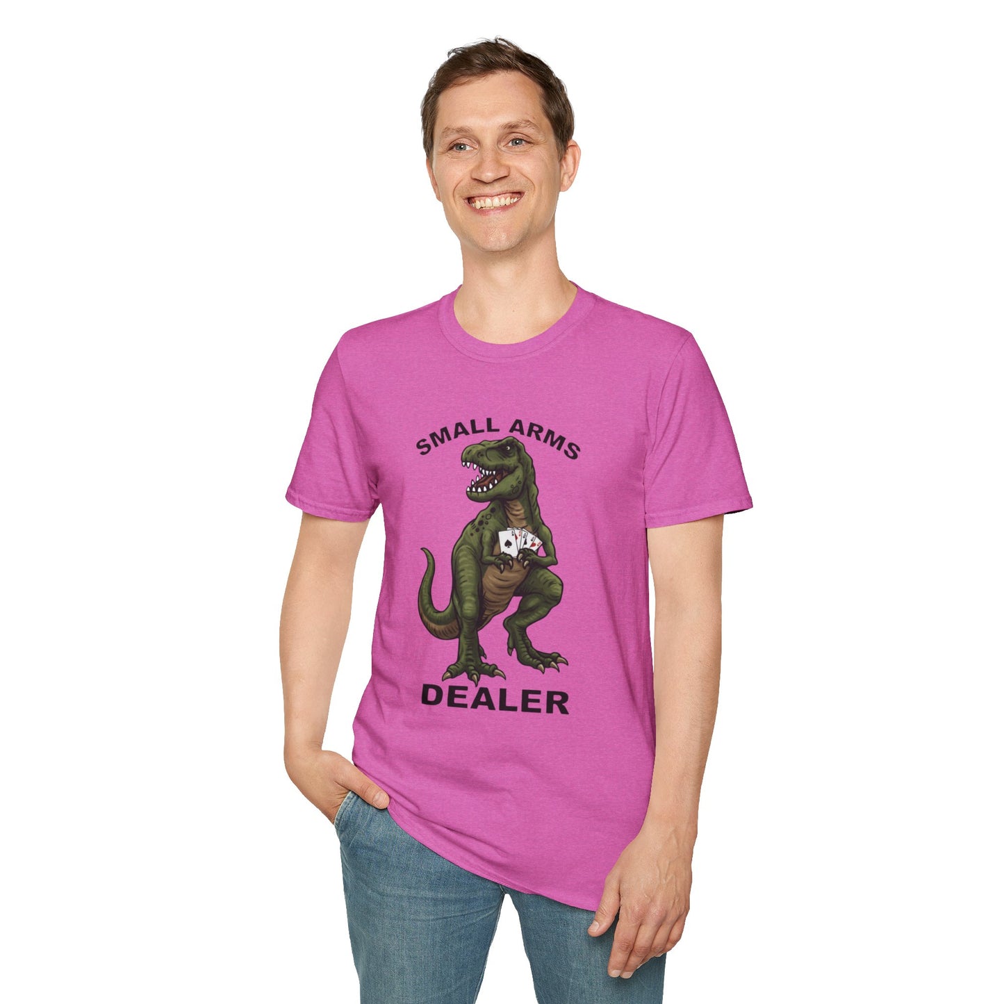 Funny Small Arms Dealer T-Rex Shirt, Dinosaur Pun Tee, Hilarious Graphic T-Shirt for Men & Women, Great Gift for Dad, Friend, or Coworker