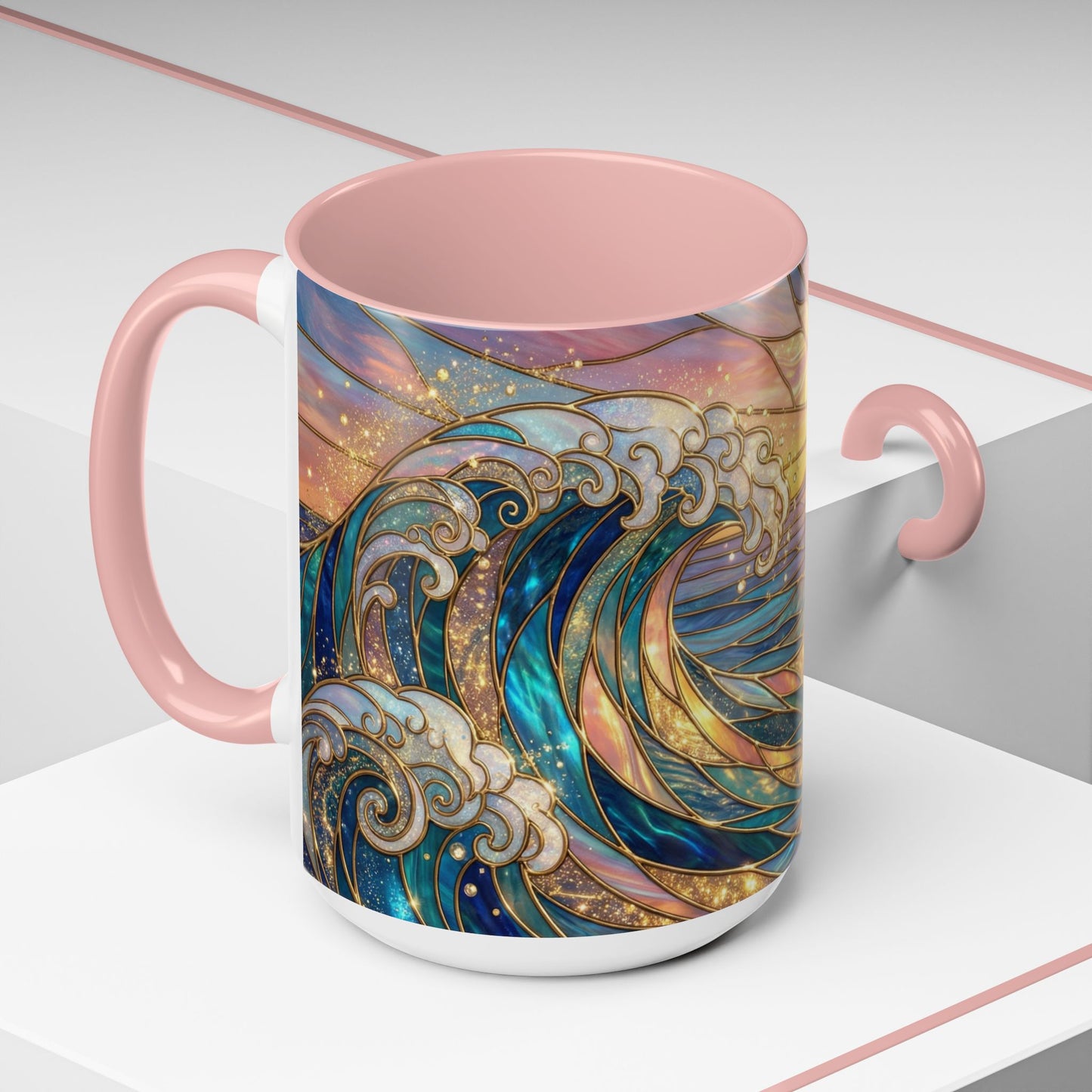 Stained Glass Ocean Wave Mug, Sunrise Beach Coffee Cup, Japanese Art Gift, Coastal Decor Kitchen, Mosaic Sea Tea Cup, Blue Gold Nature Lover