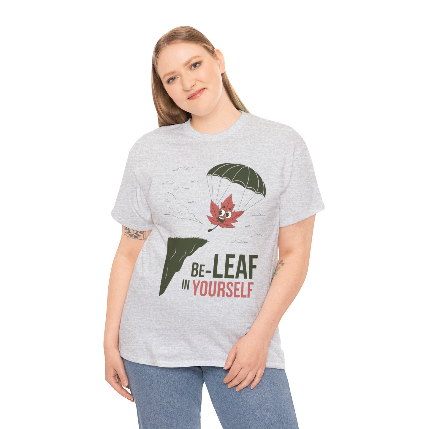 Be-Leaf In Yourself Maple Leaf Parachute T-Shirt | Funny Motivational Nature Graphic Tee | Self-Love Fall Autumn Shirt | Outdoorsy Gift