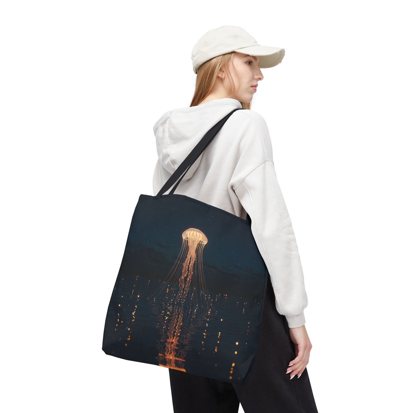 Luminous Jellyfish Tote Bag, Glow-Inspired Ocean Design Shoulder Bag, Durable Polyester Tote For Everyday Style, Gifts, And Coastal Fashion