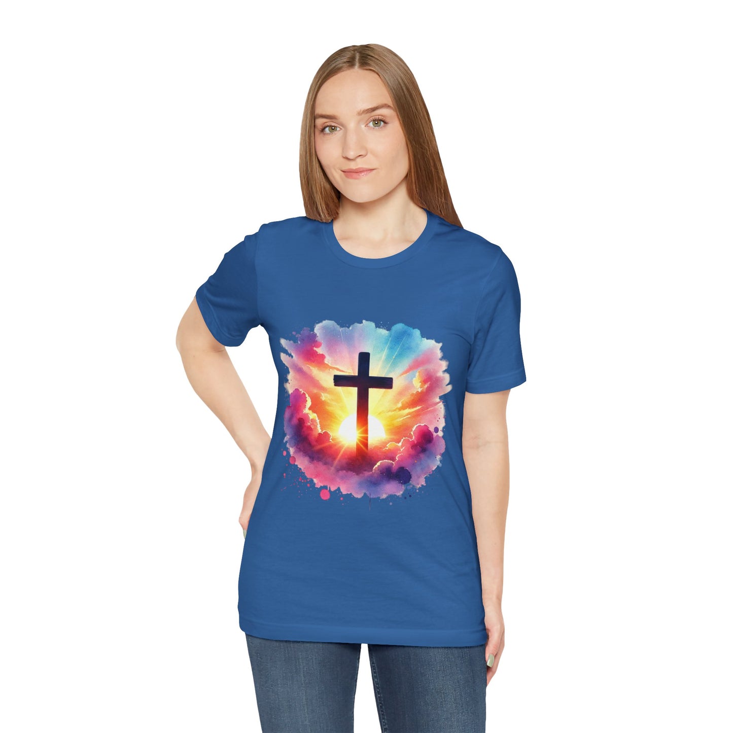 Faith Cross Sunburst Christian Tee | Inspirational Christian T-Shirt | Colorful Sunrise Cross Shirt | Faith Gifts for Women Men