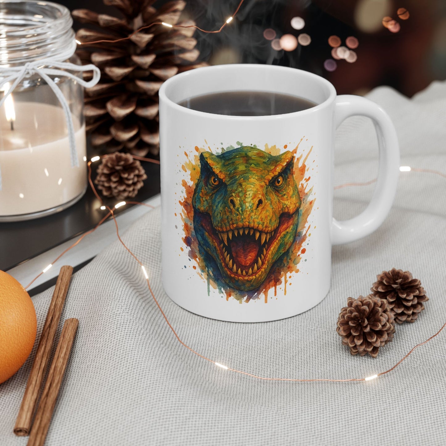 Watercolor T-Rex Mug - Ceramic Dinosaur Coffee Cup, 11oz and 15oz Tea Rex Art, Dinosaur Lover Gift, Paleontology Office Decor