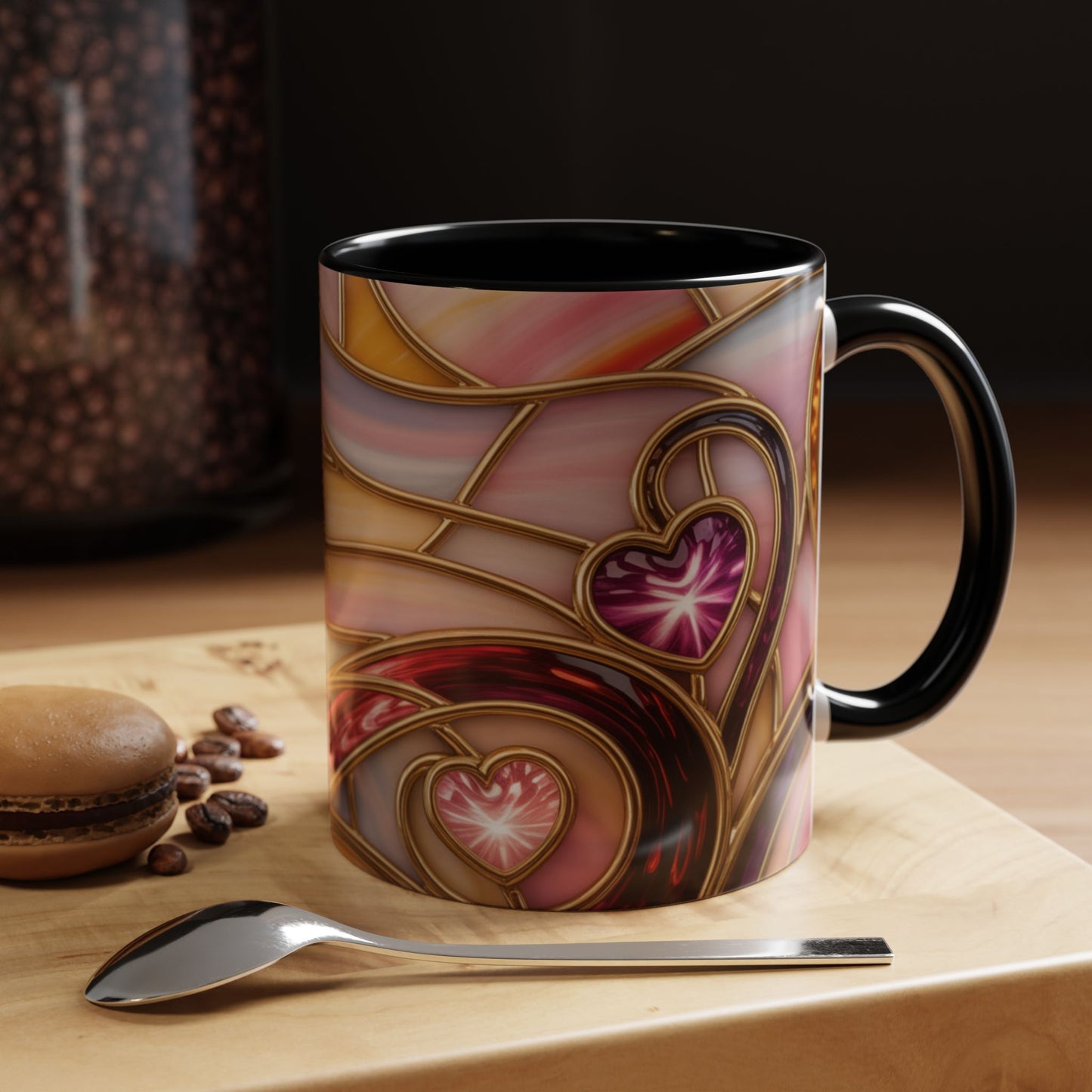 Stained Glass Heart Mug, Romantic Love Coffee Cup, Pink Red Gold Glass Style Mug, Valentine Gift For Her, Anniversary Wedding Decor