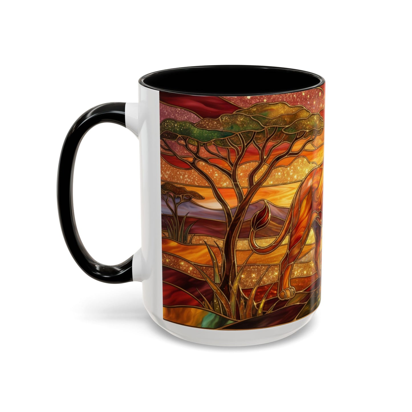 Stained Glass Lion Mug, Majestic Lion Coffee Cup, African Sunset Art Mug, Safari Wildlife Gift, Colorful Lion Lover Ceramic Mug